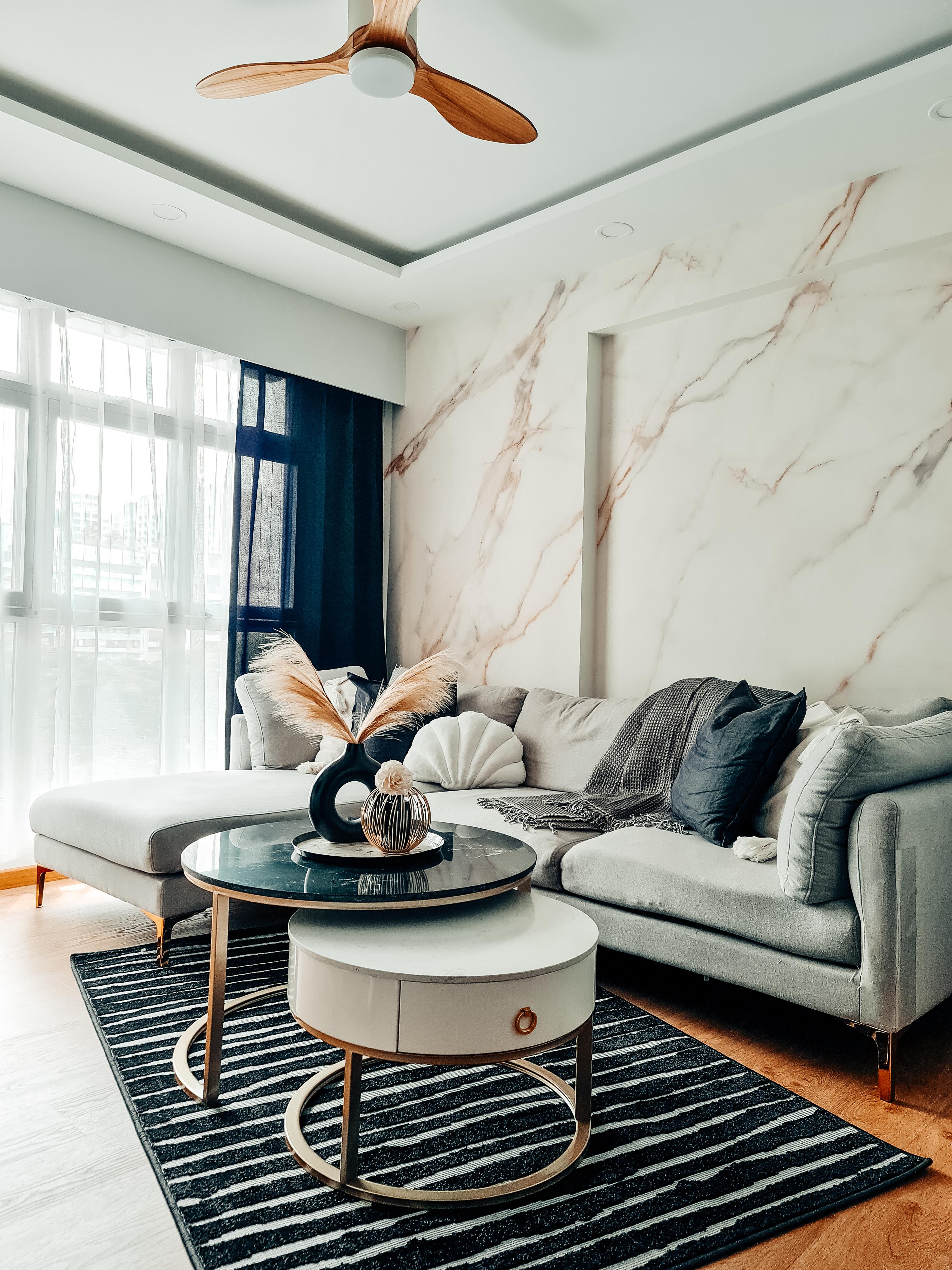 Marble-esque Living Room - Modern living room, contemporary design, minimalist decor, neutral color palette, large window