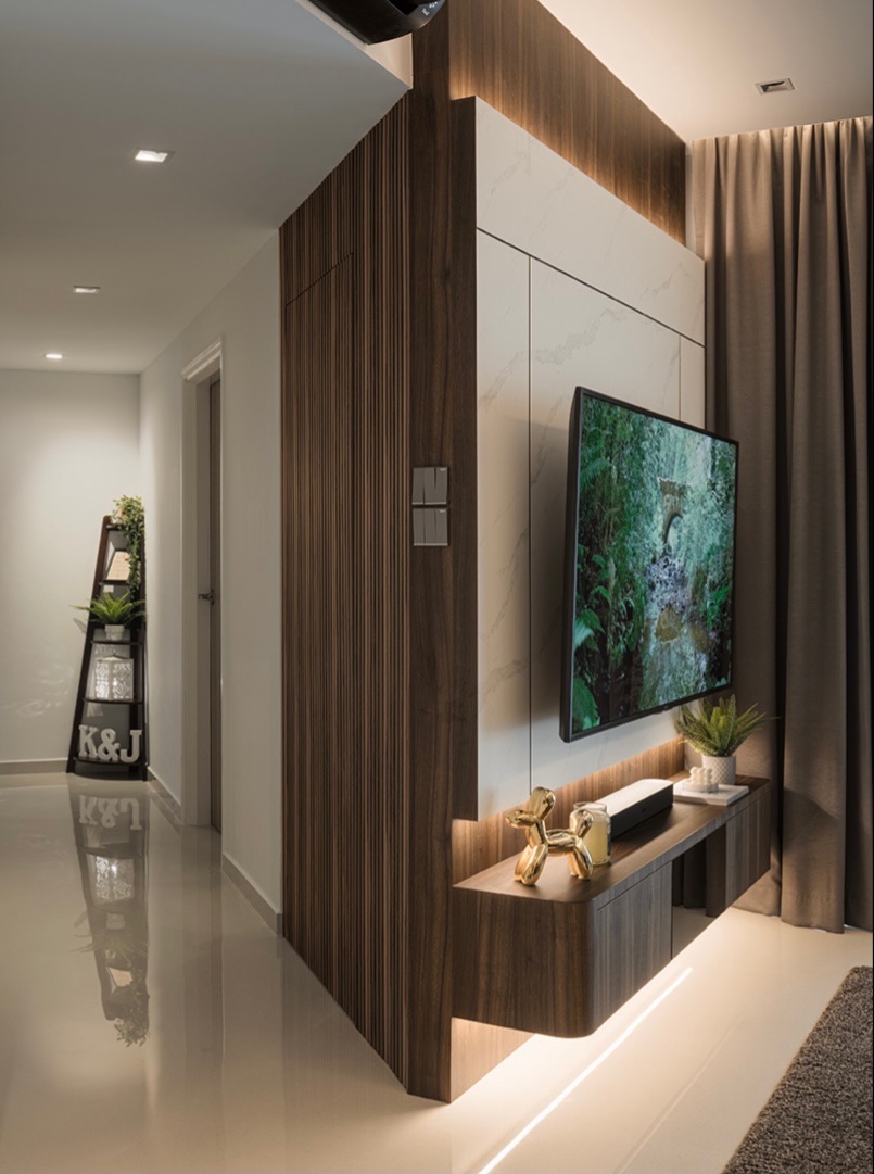 Modern Day Resort-styled Living Room - Wooden accent wall, modern living room, sleek TV stand, minimalist decor, natural