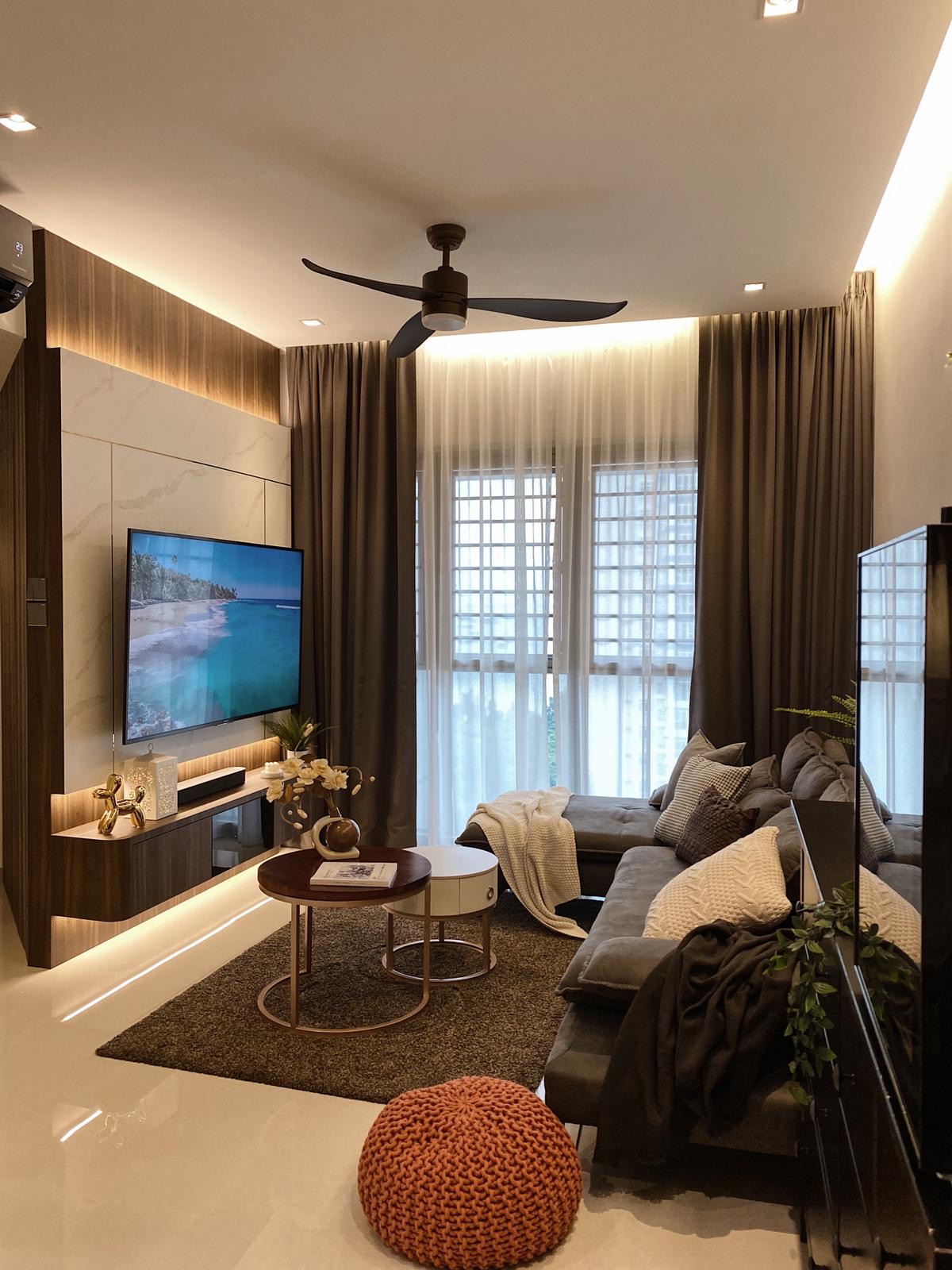 Modern Day Resort-styled Living Room - Modern living room with sleek design, large flat-screen TV, comfortable gray sofa