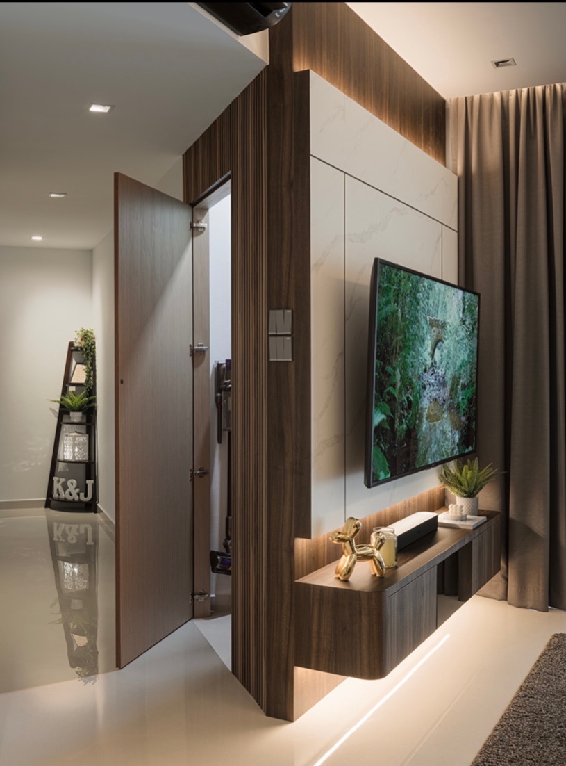 Modern Day Resort-styled Living Room - Wooden accent wall, modern design, sleek TV stand, indoor plant, ambient lighting