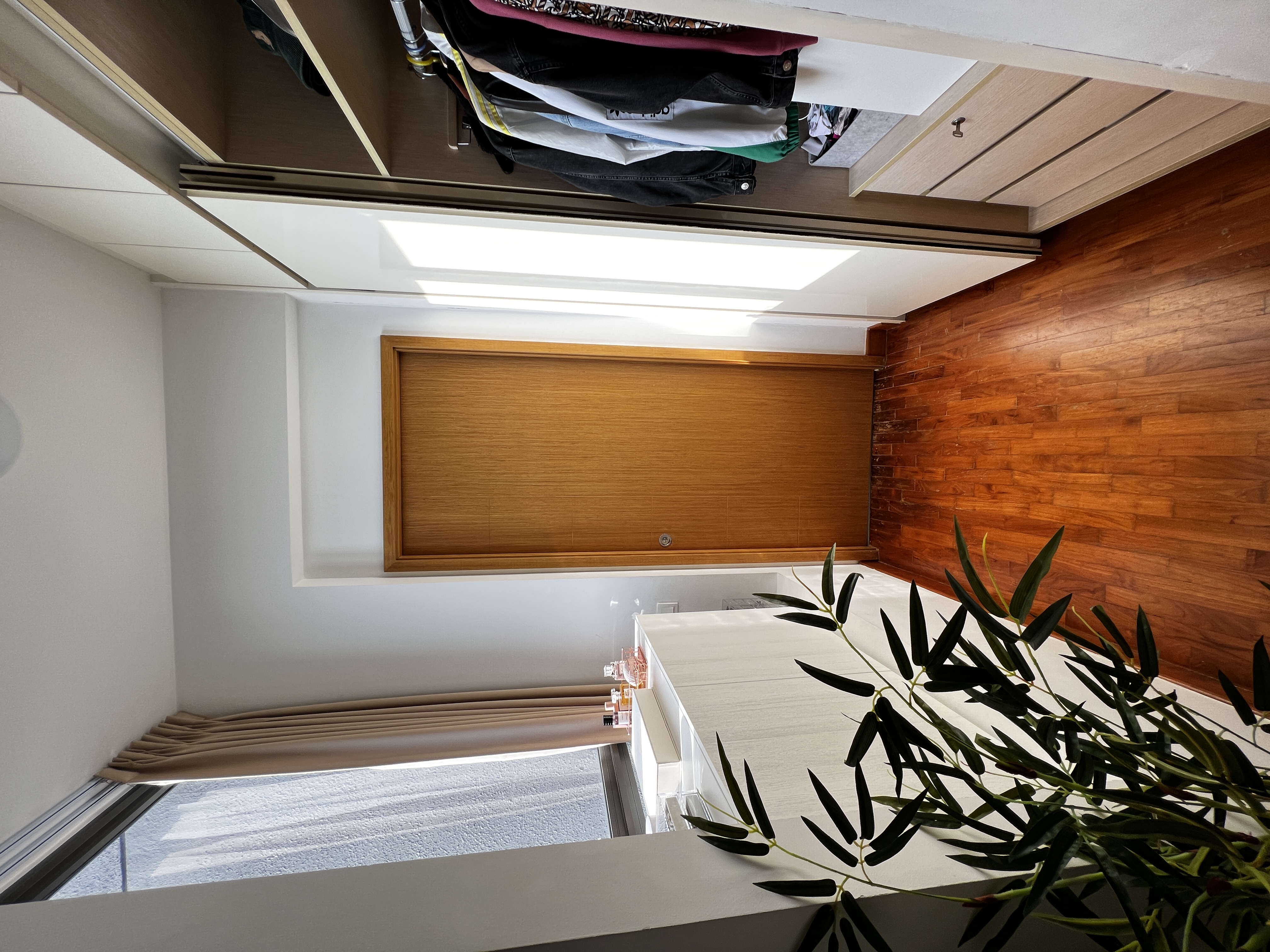 Nordic-Minimalist Inspired Bedroom  - Wooden blinds, closet, hanging clothes, wooden wall, modern interior, minimalist