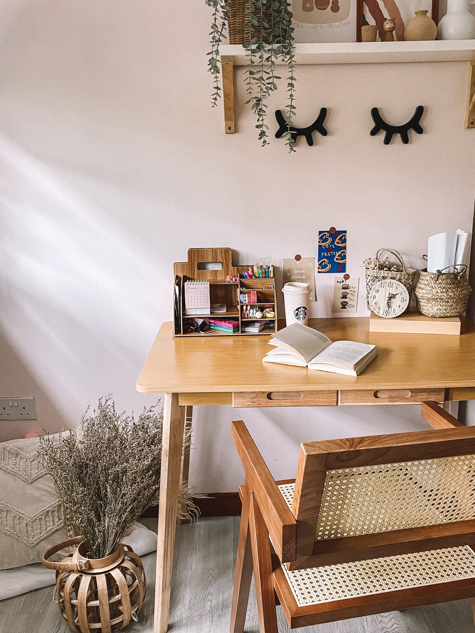 Scandinavian with rustic vibes - Wooden desk, open book, cozy room, natural light, minimalist decor, wooden chair, woven