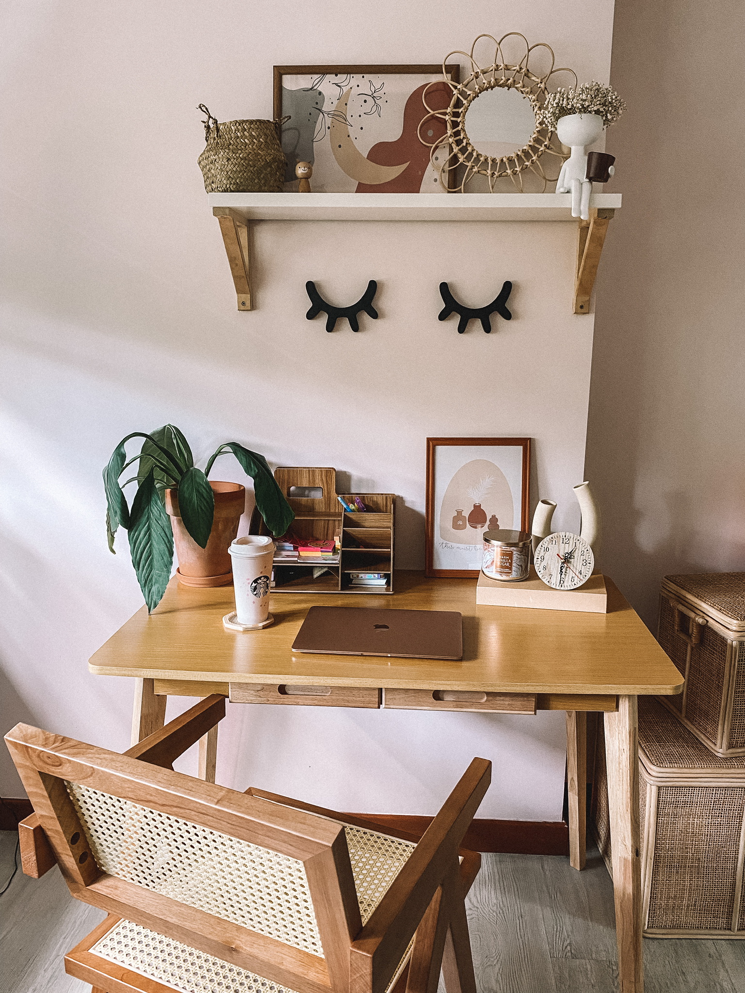 Scandinavian with rustic vibes - Wooden desk, minimalist workspace, cozy corner, natural light, potted plant, brown laptop