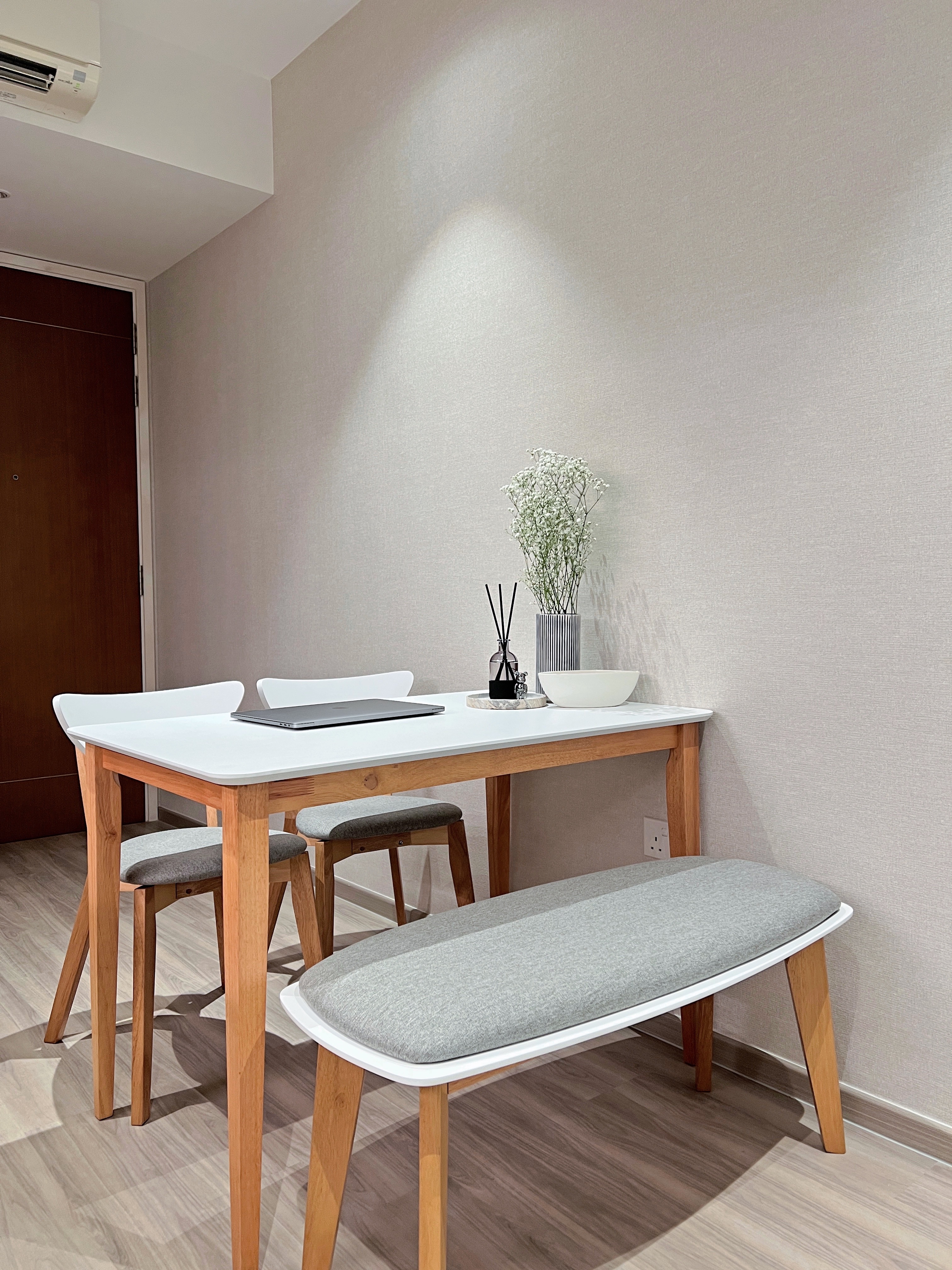 Chic Dining Area For Eating & Hosting  - Wooden dining table, minimalist design, modern kitchen, sleek chairs, white