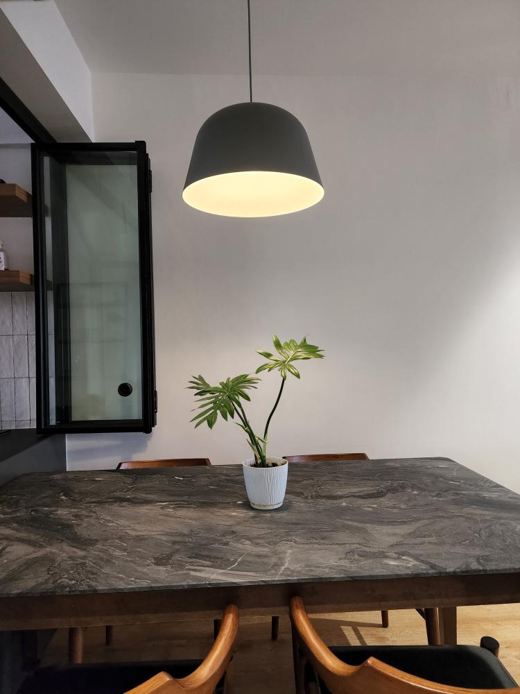 Simplicity accentuates my dining space - modern dining room, minimalist design, sleek pendant light, wooden dining table