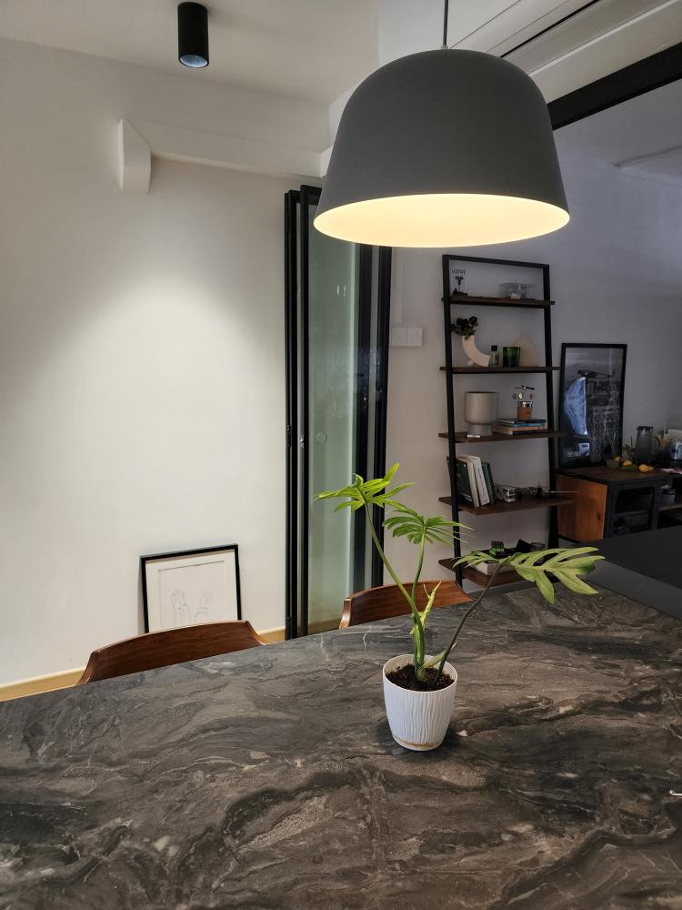 Simplicity accentuates my dining space - modern dining room, minimalist design, sleek pendant light, indoor plant, wooden