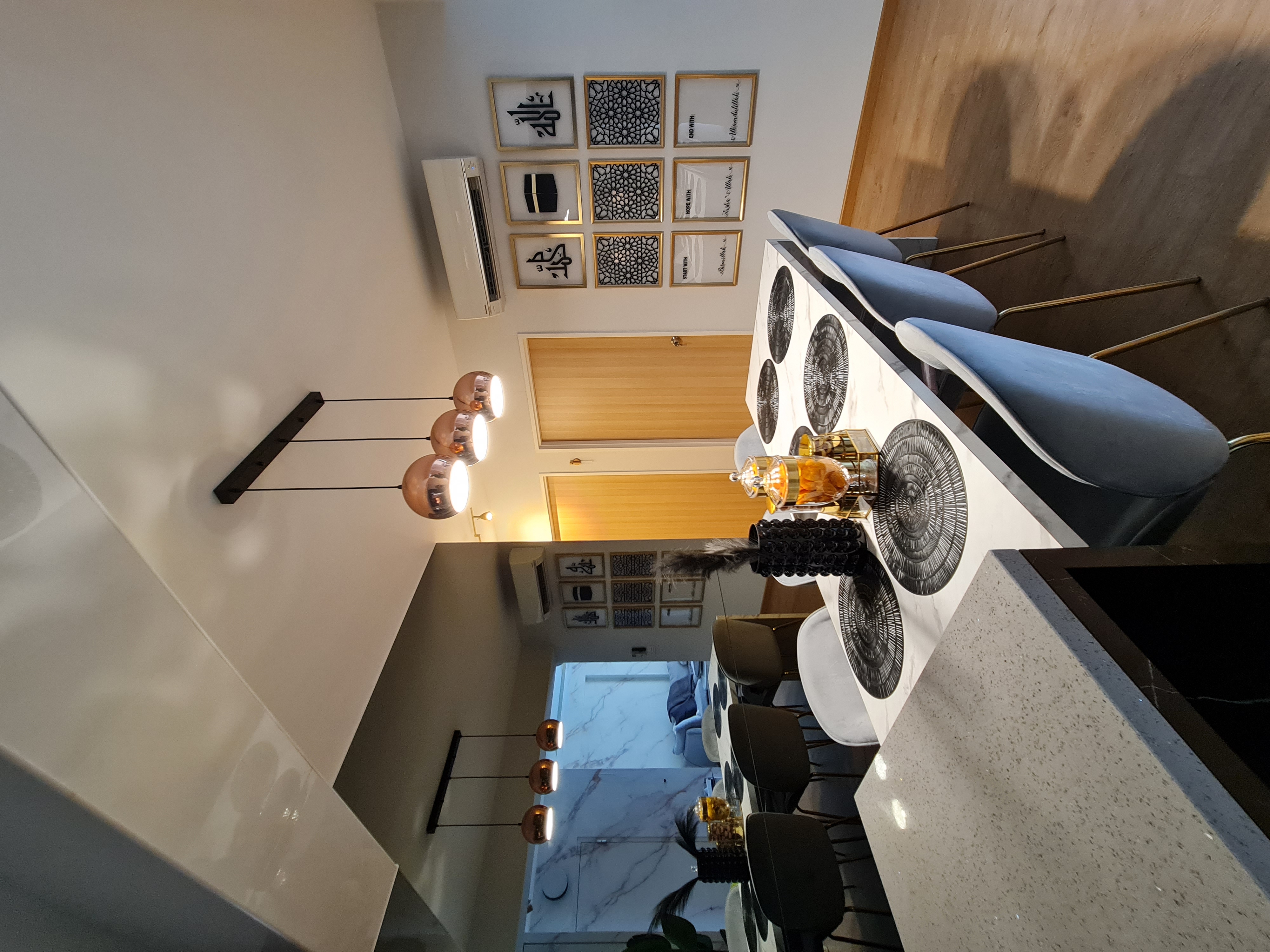 Chic Culinary Canvas For Hosting - modern dining room, contemporary design, stylish furniture, marble countertop, black and