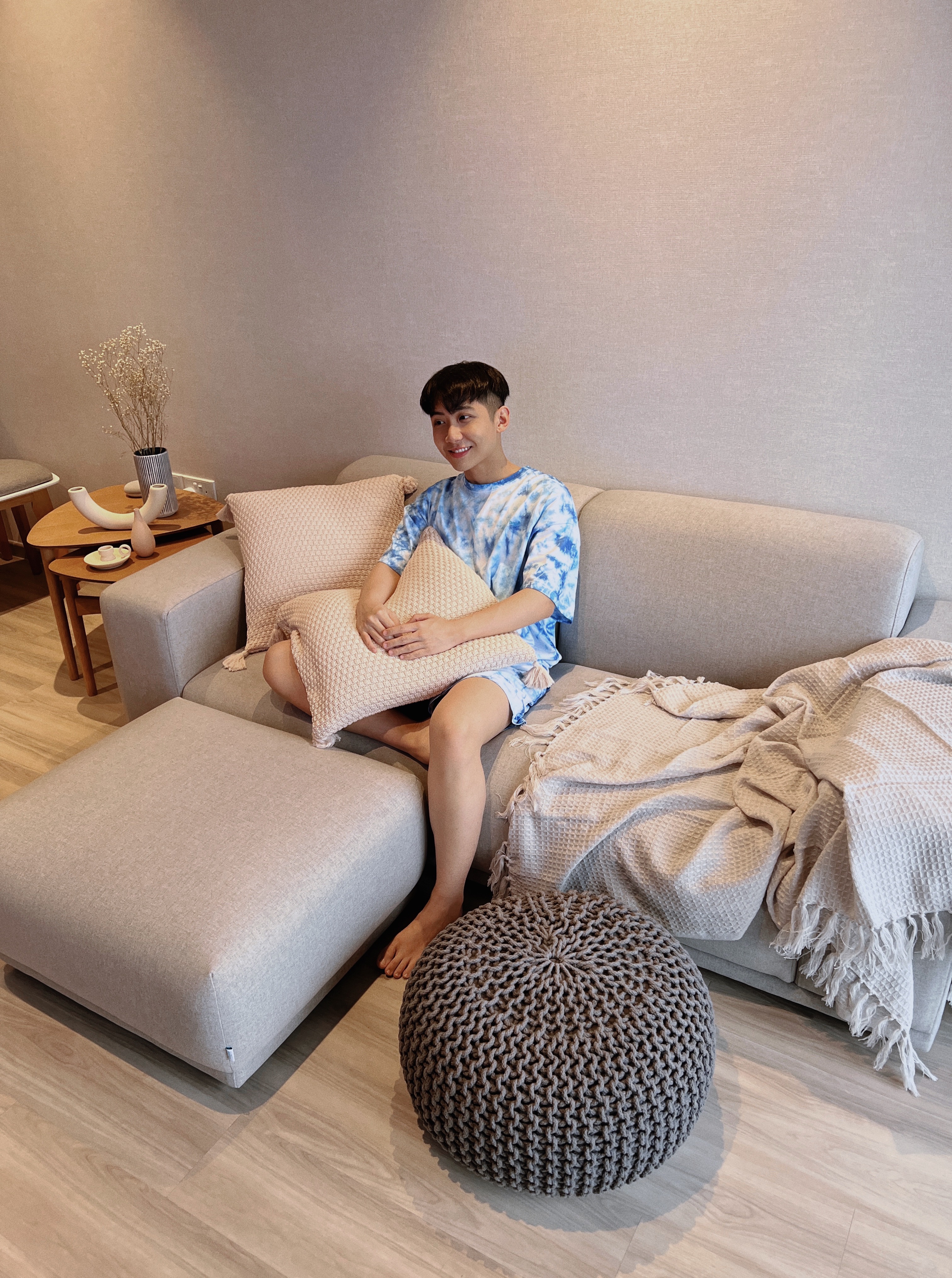 Cosy Corner To Rest & Relax After A Long Day  - Light gray sofa, cozy living room, modern decor, soft beige throw, textured