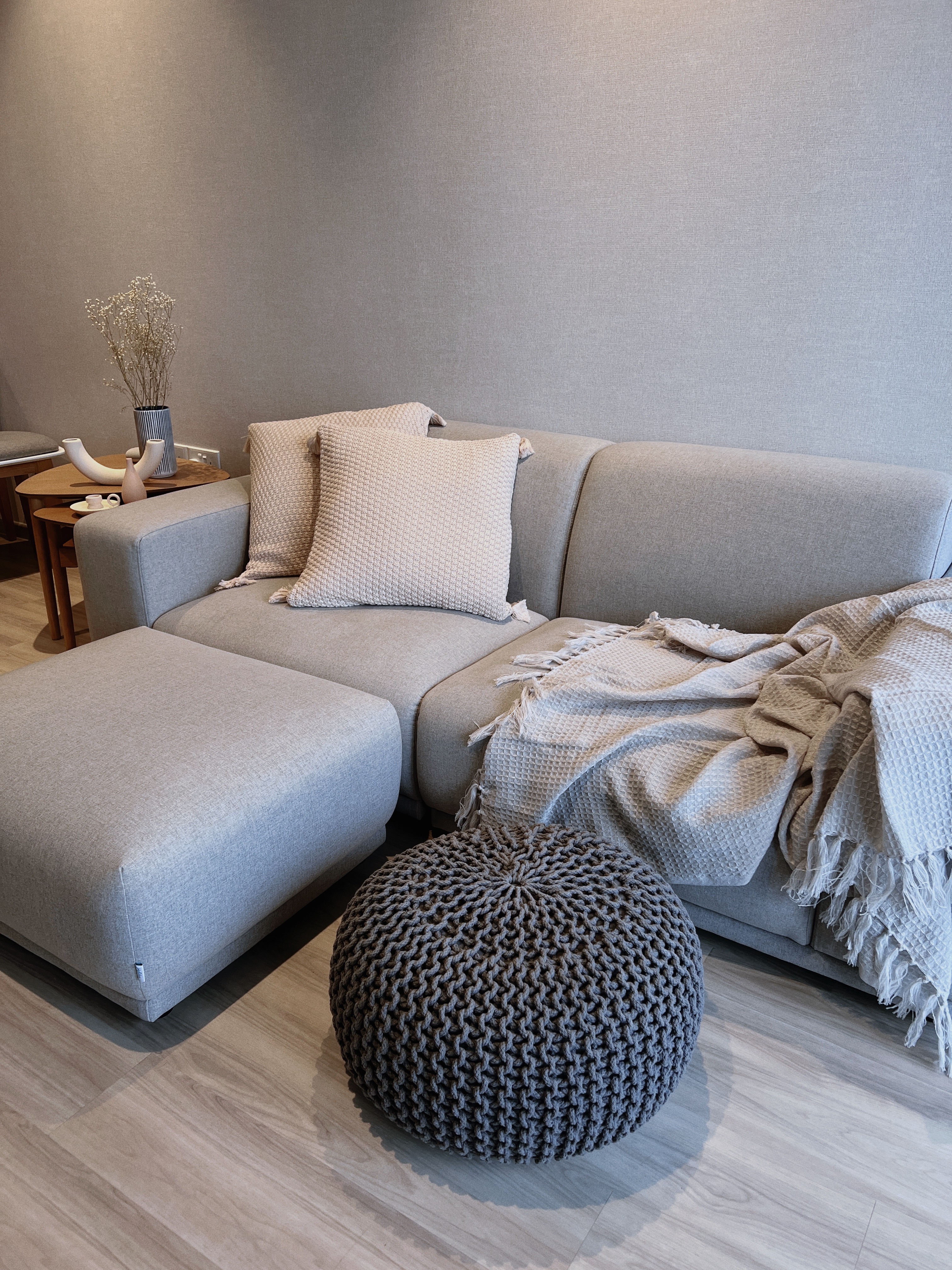 Cosy Corner To Rest & Relax After A Long Day  - modern living room, cozy seating, gray sectional sofa, textured cushions