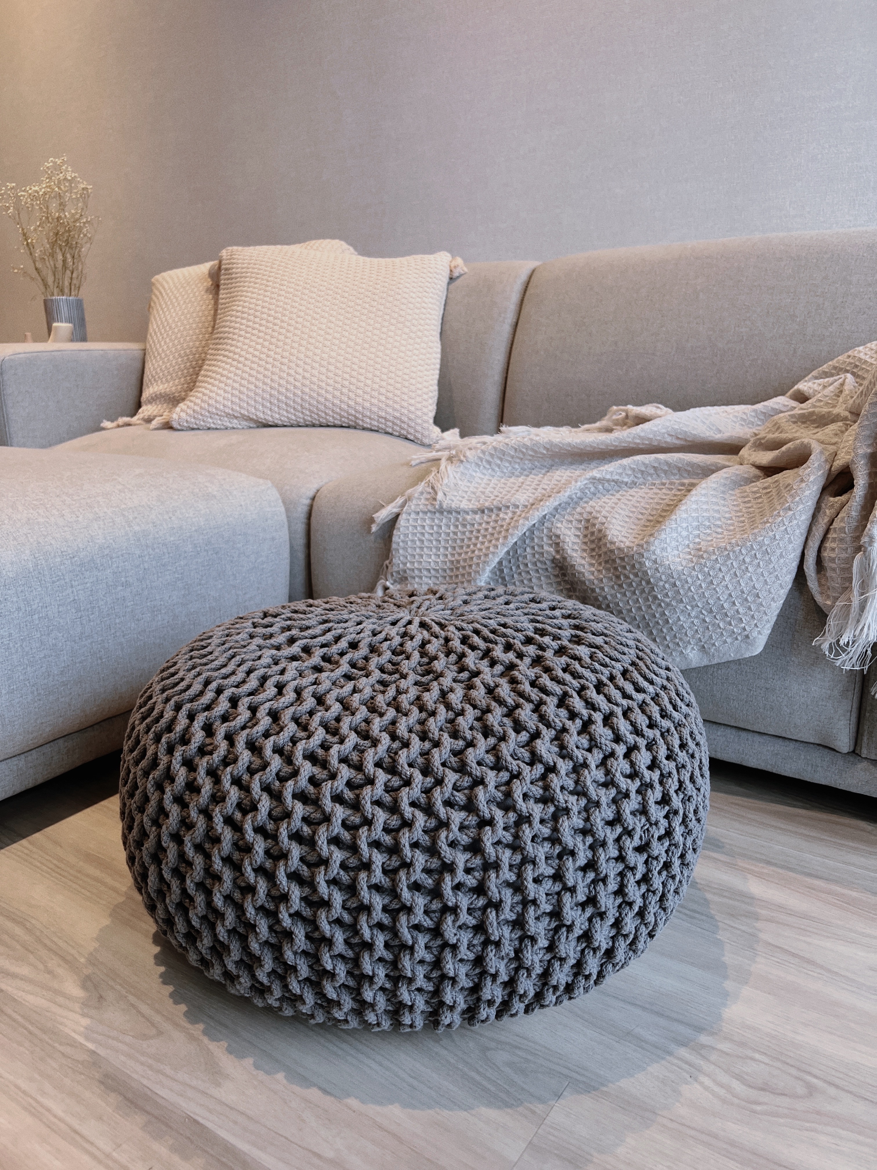 Cosy Corner To Rest & Relax After A Long Day  - modern living room, cozy sofa, light gray upholstery, textured cushions