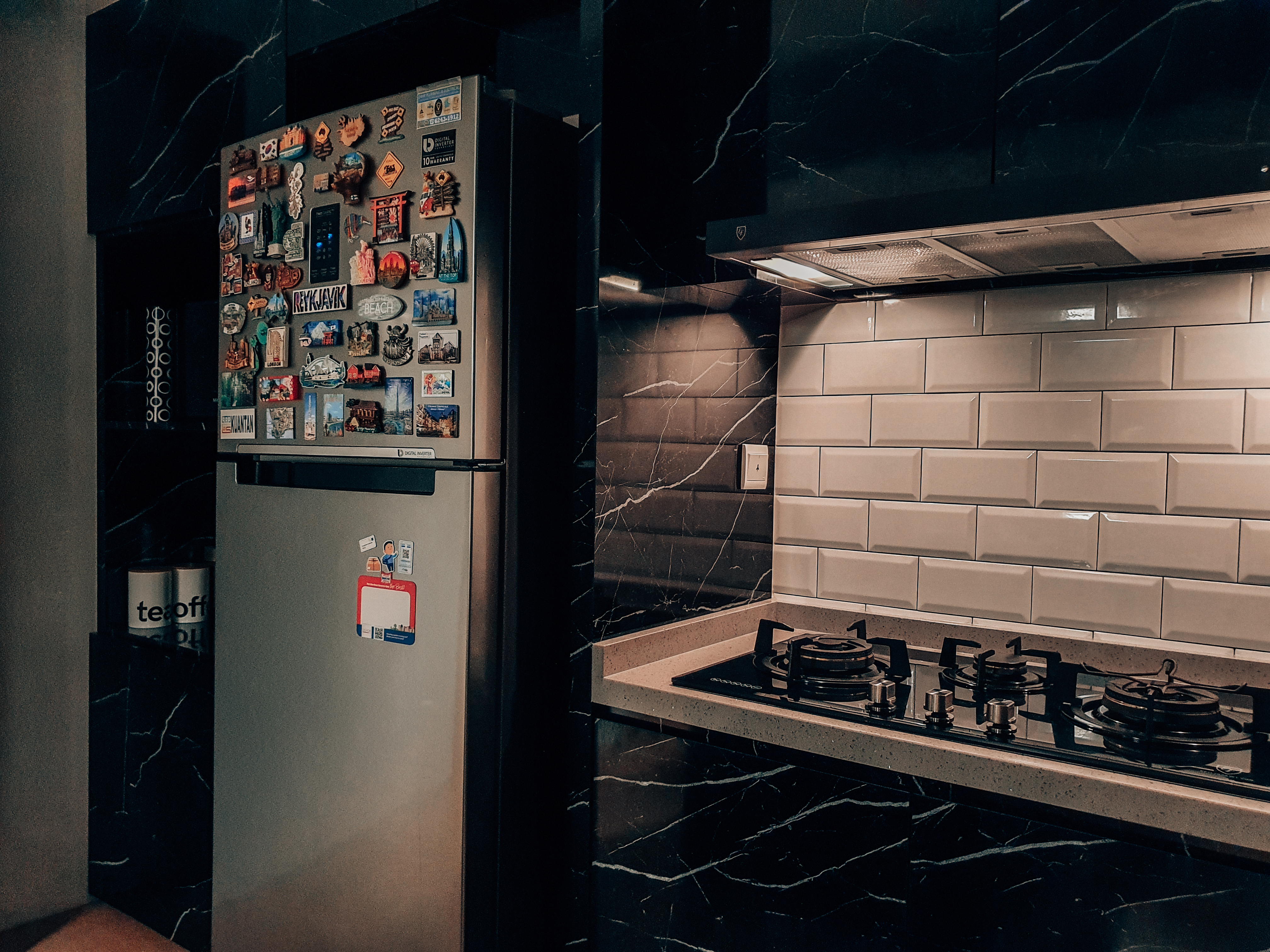 Atinymodernluxe dark kitchen - Magnetic refrigerator adorned with various souvenirs, black marble walls with white veins