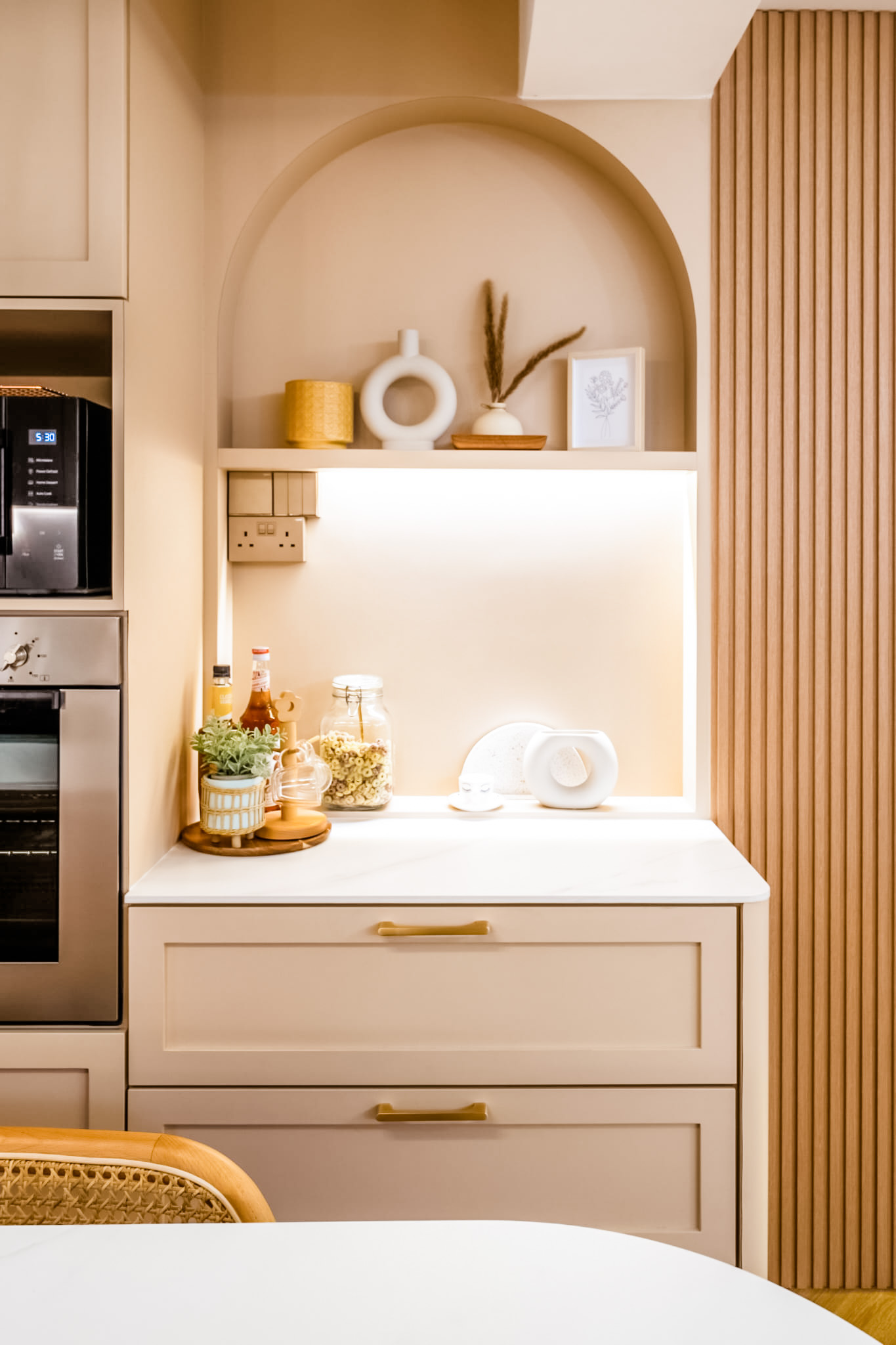 Kitchen is the soul of our home! - Kitchen countertop, modern design, minimalist decor, warm lighting, wooden cabinets, white