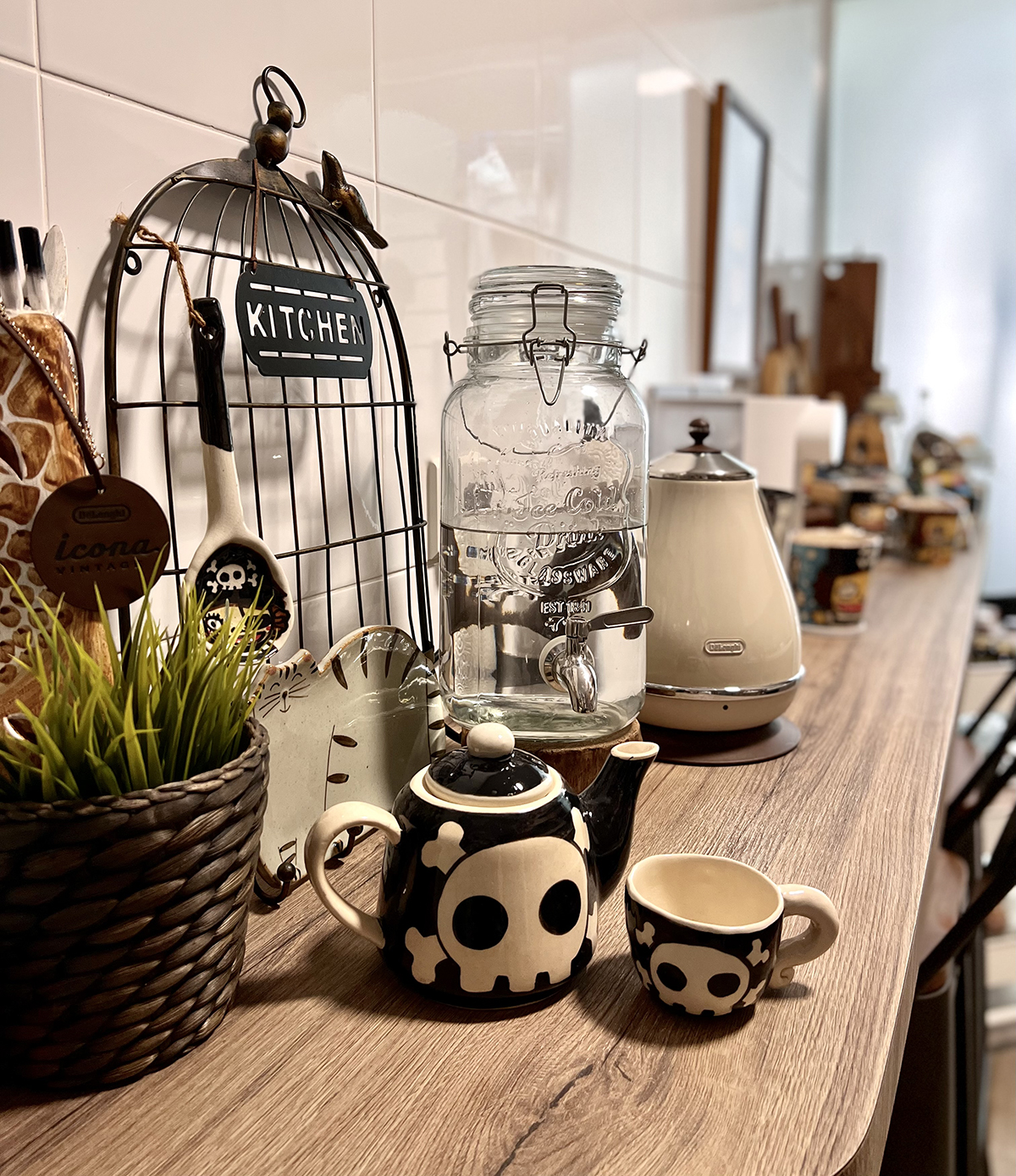 Count Your Calories In This Homey Kitchen - vintage kitchen utensils, whimsical teapot, black and white skull design, glass