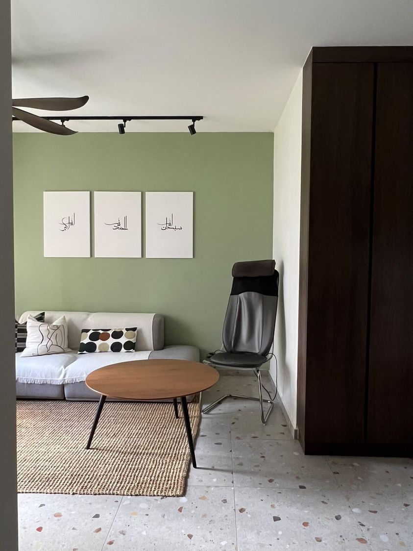 Bold green wall to brighten the space - Modern living room, minimalist decor, green wall, abstract art, contemporary