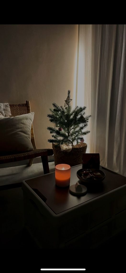 Christmas fiesta in our living room - dimly lit room, cozy ambiance, soft lighting, warm tones, indoor setting, comfortable