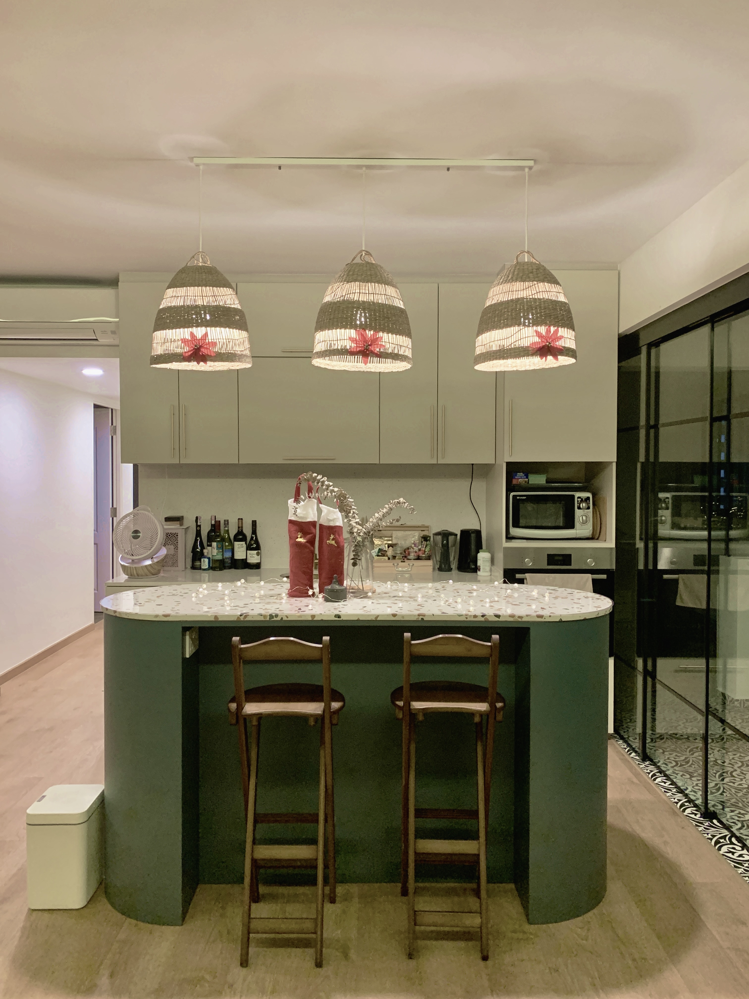 Taking our living room to Christmas Wonderland - Modern kitchen with pendant lights, minimalist design, dining area, bar