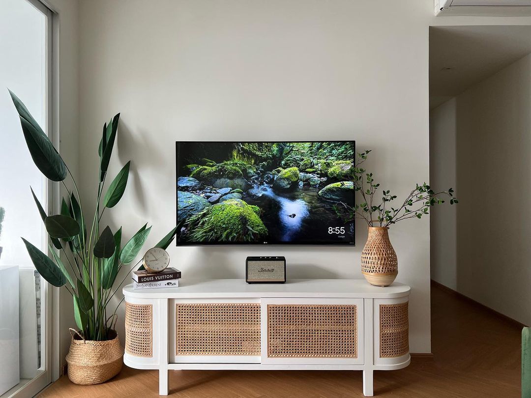 Home isn't a place, it's a feeling - Teal-leafed plant, white wicker cabinet, digital TV, lush greenery, serene forest scene