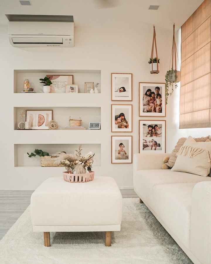 The home of a happy family of five - White modern living room, minimalist decor, cozy atmosphere, soft lighting, white