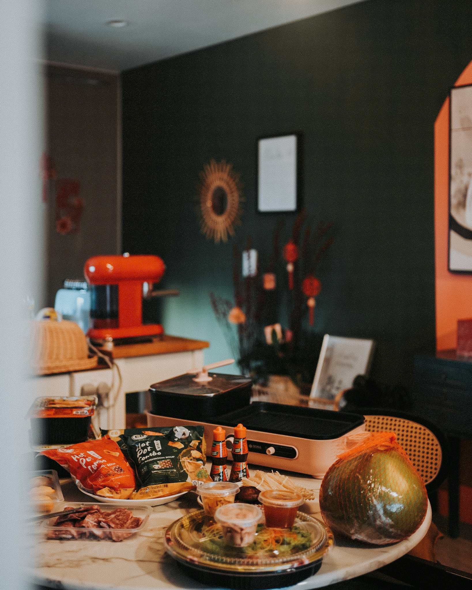 Nostalgia meets postmodernism - hot pot, food preparation, buffet, table setting, meal preparation, kitchen scene, dining