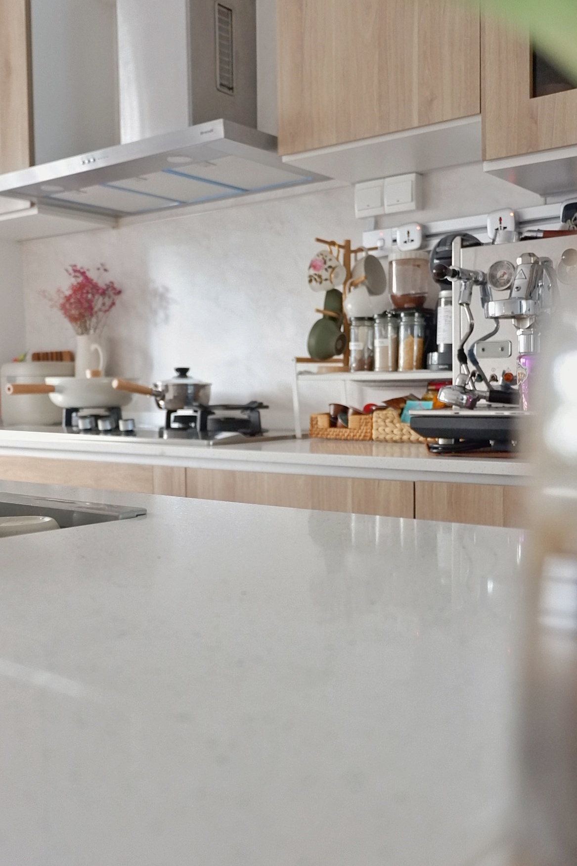 Elegant Beach Resort Inspired Kitchen - modern kitchen, contemporary design, stainless steel appliances, white countertops