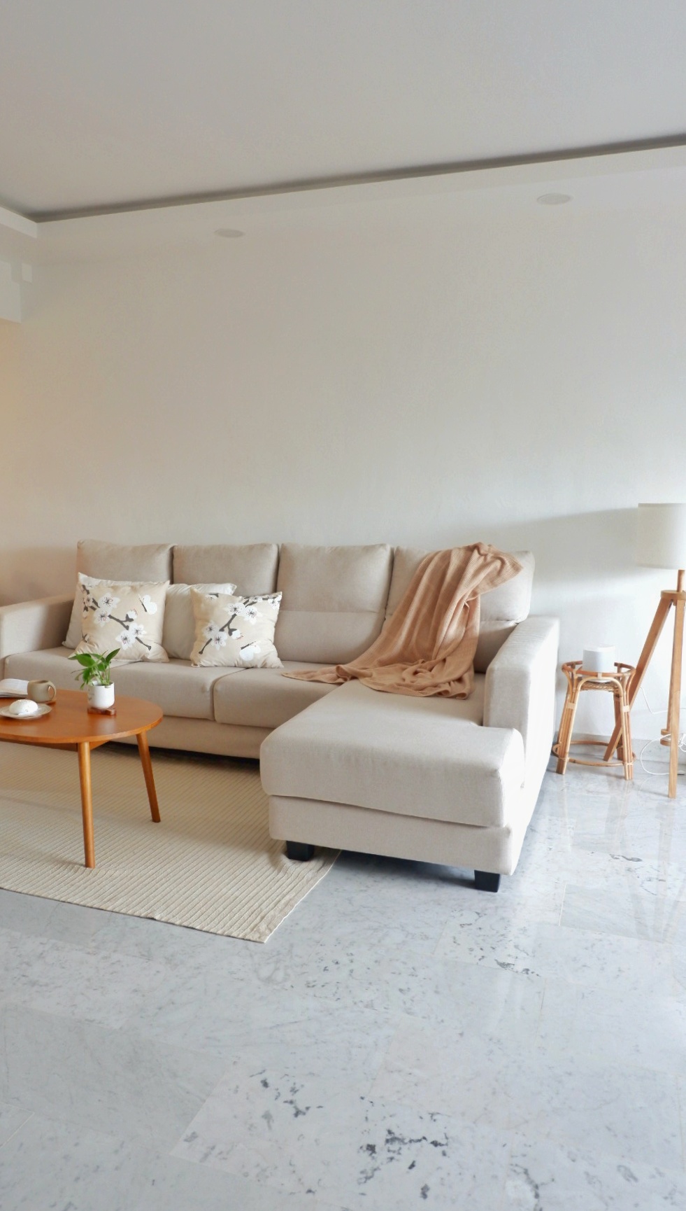 Scandinavian themed Living Room - Modern minimalist living room, neutral color palette, beige sectional sofa, cozy seating