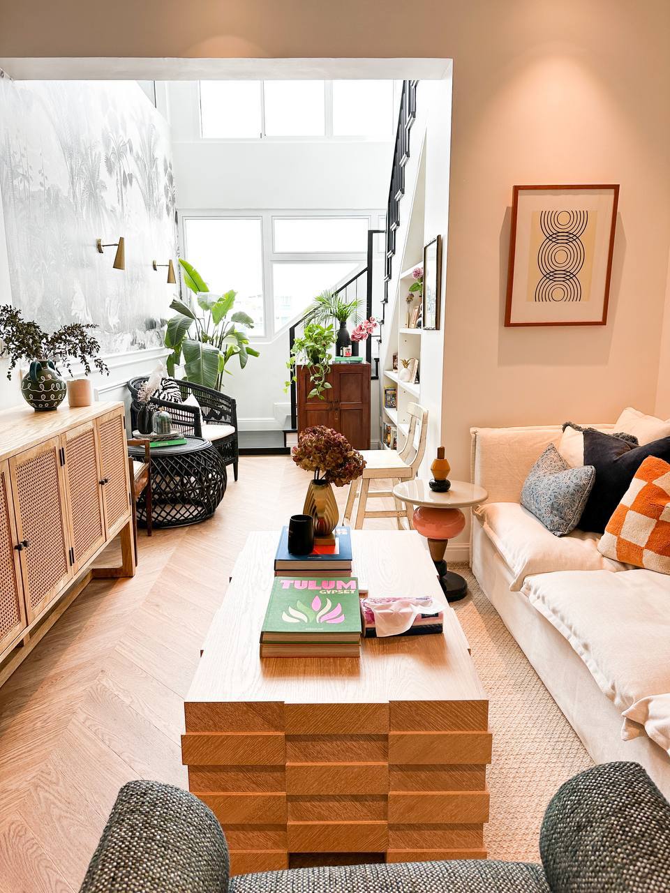 Colourful living room vibes - Modern living room, cozy seating area, wooden coffee table, white sofa, indoor plants