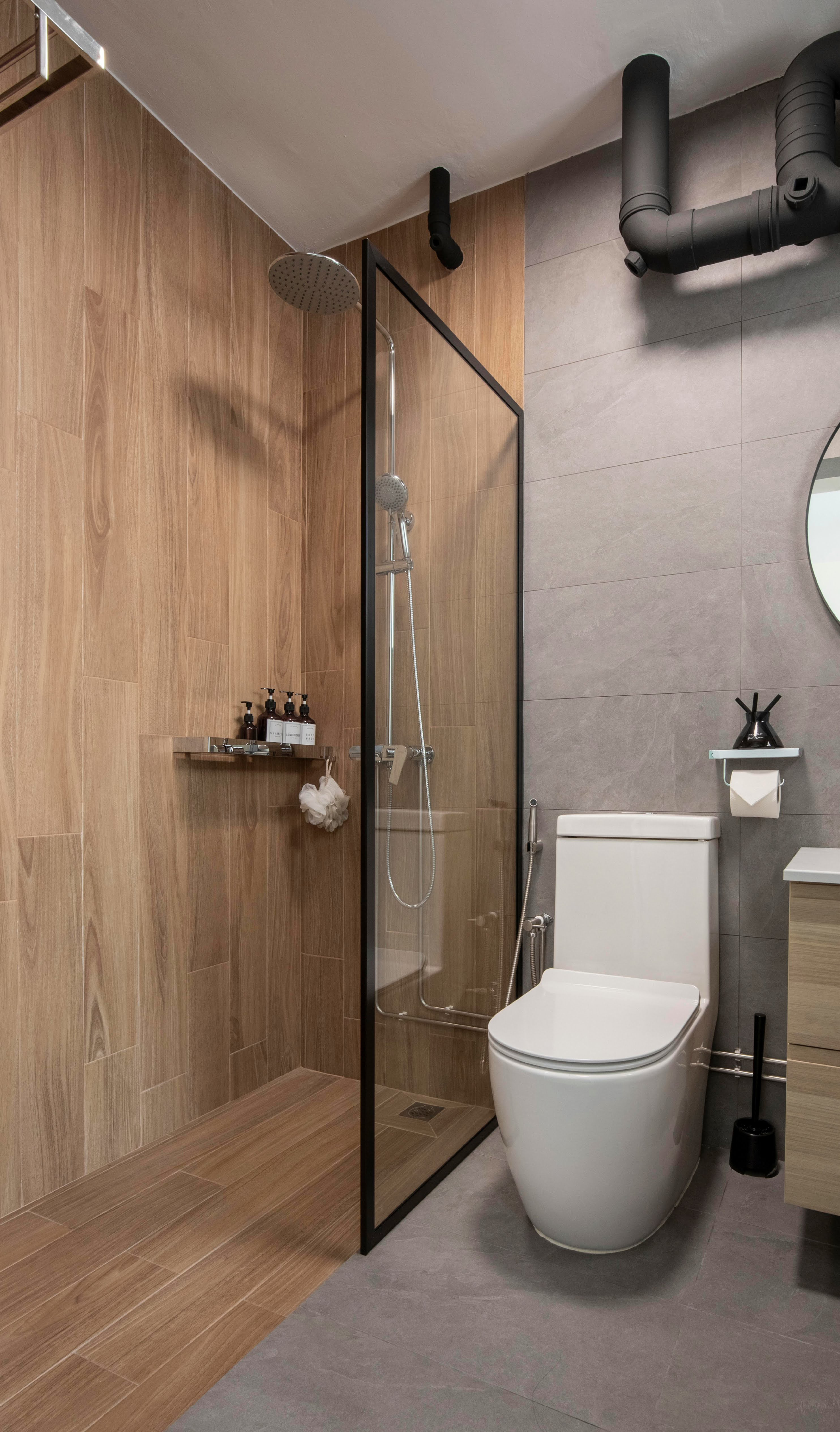 There's no place like home and there's no bathroom like your own! - Wooden shower enclosure, glass shower door, black frame