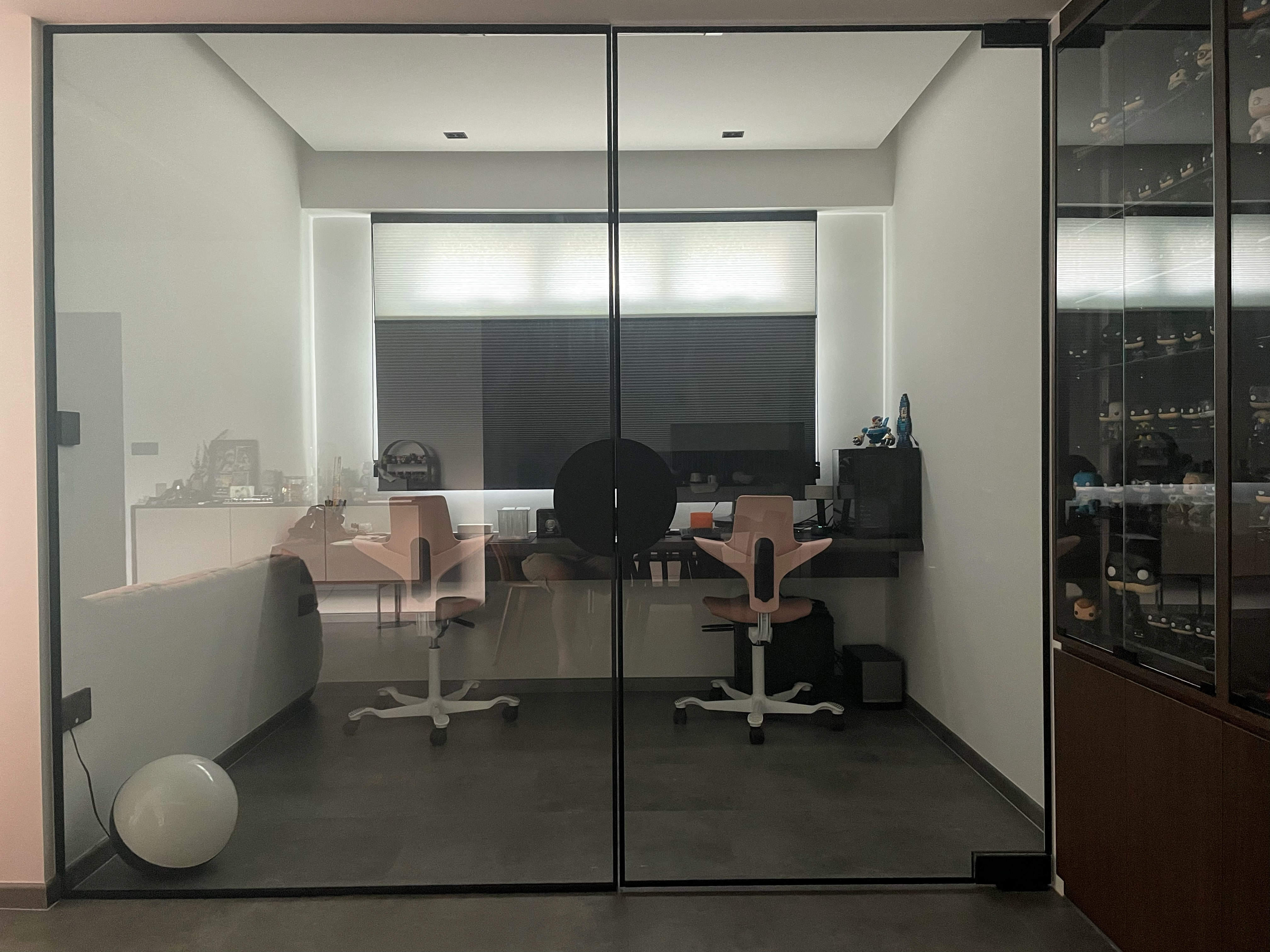 Day / Night : Lighting - its all about the essence & vibes. - Modern minimalist office space, glass partition, dual office