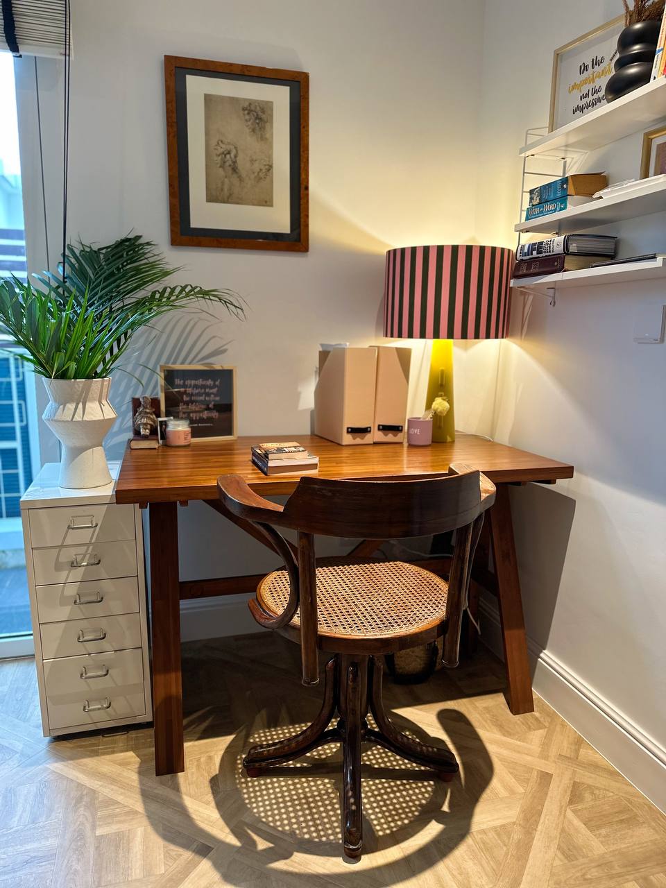 Shared study space:) - Wooden desk, modern design, cozy atmosphere, plant in vase, striped lamp, wooden chair, herringbone