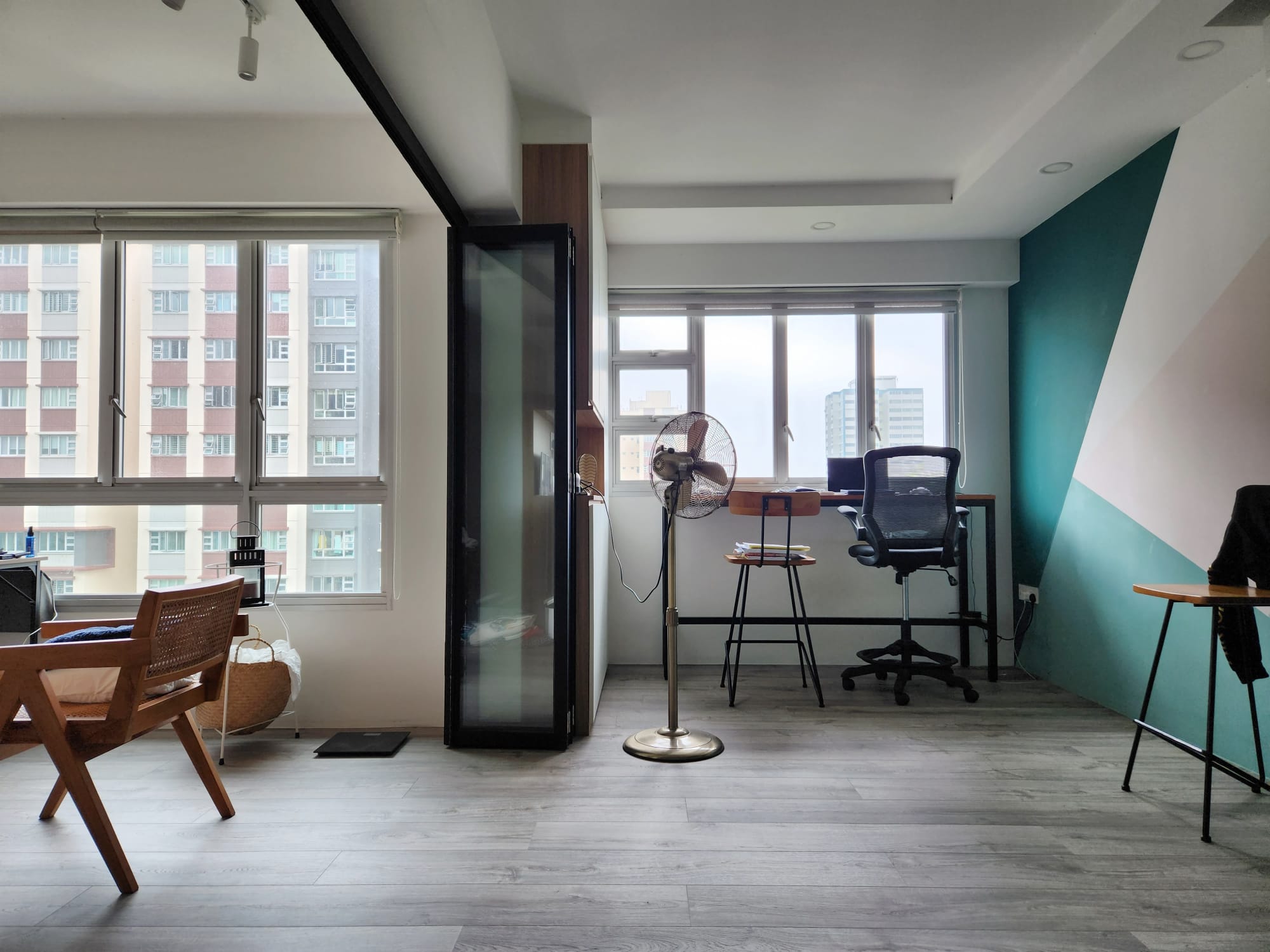 A versatile, multi-purpose home office - study space - Modern apartment, open-concept design, large windows, natural light