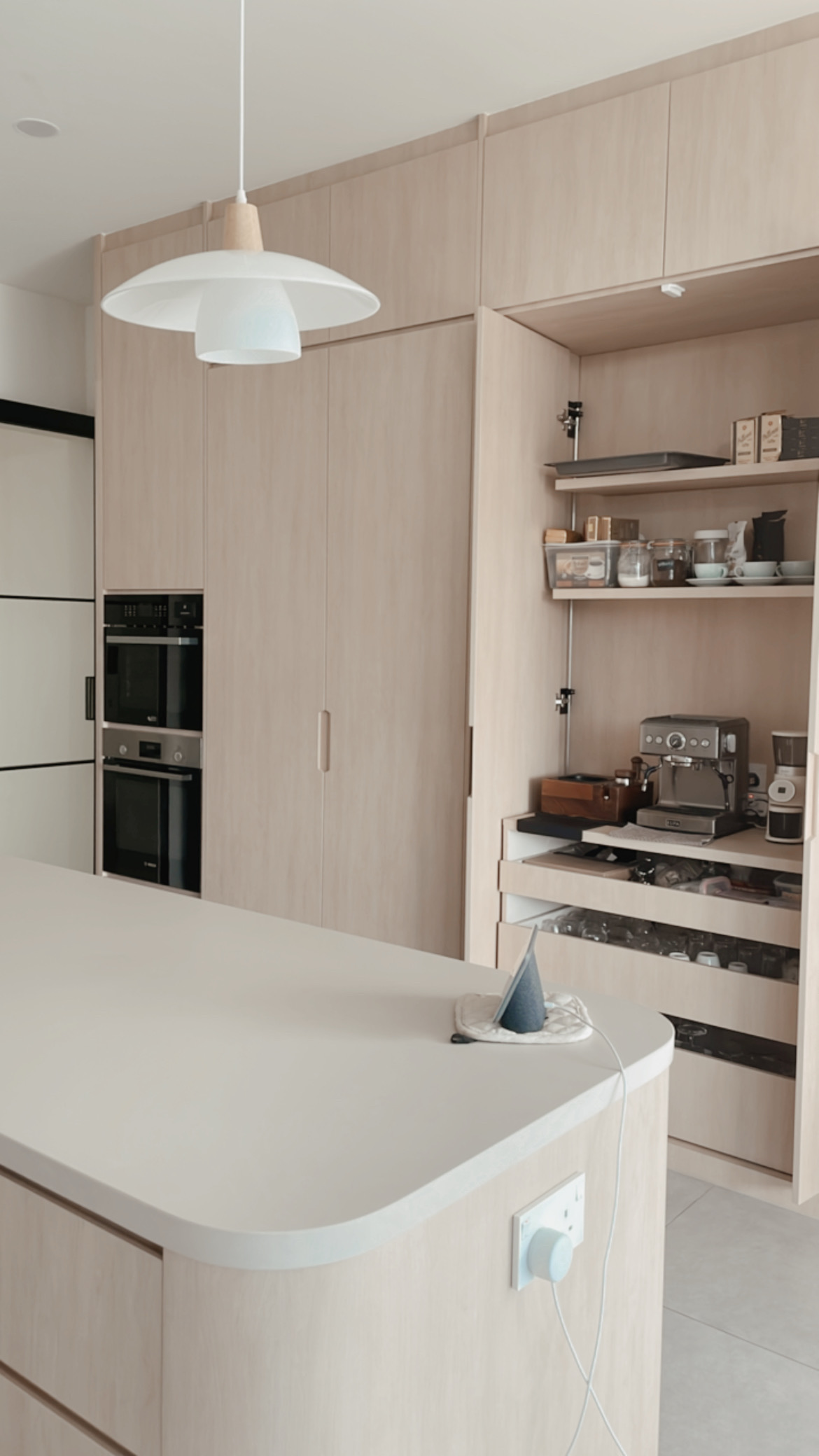 Our Minimalist Kitchen is a conversation starter - Light wood kitchen cabinets, minimalist design, open shelving, modern