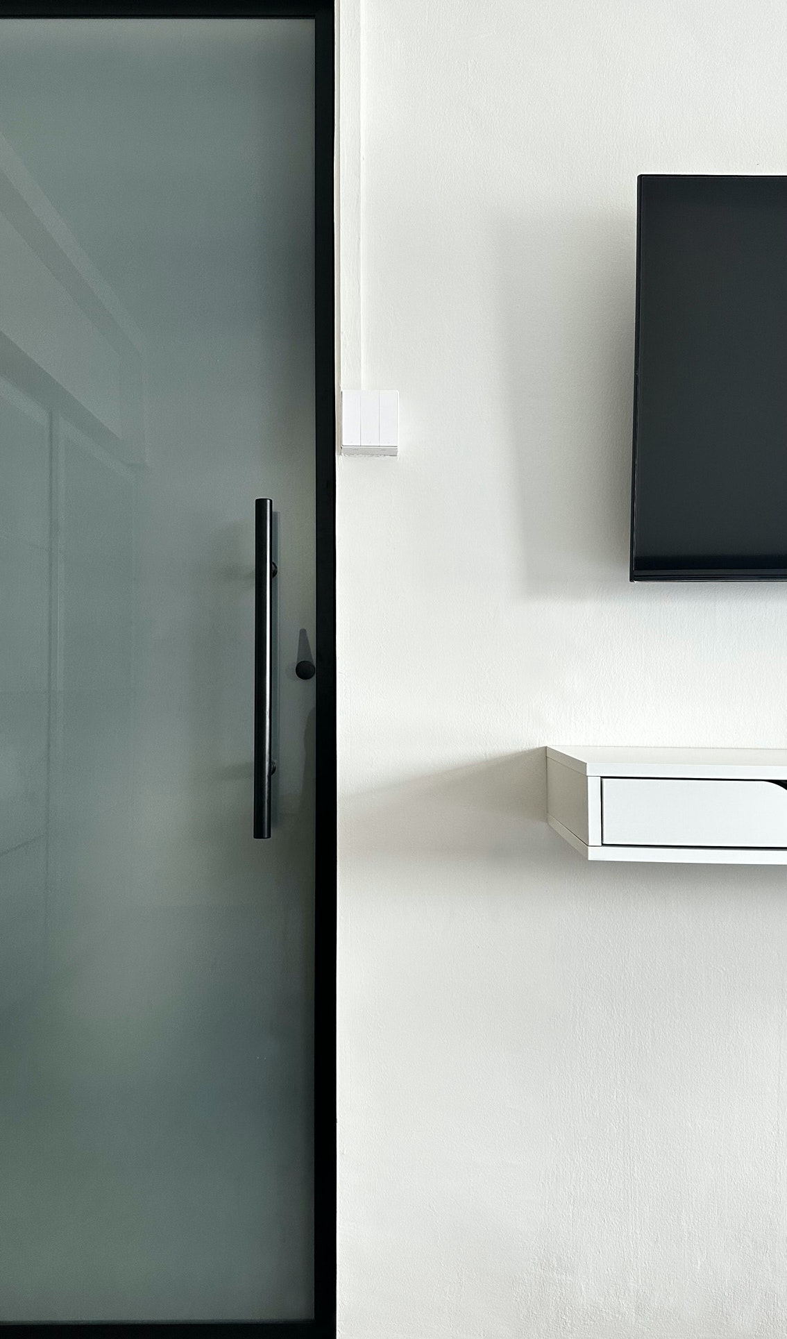 Our Bedroom, Our Sanctuary - Glass door, modern design, minimalist decor, sleek black handle, white wall, contemporary style