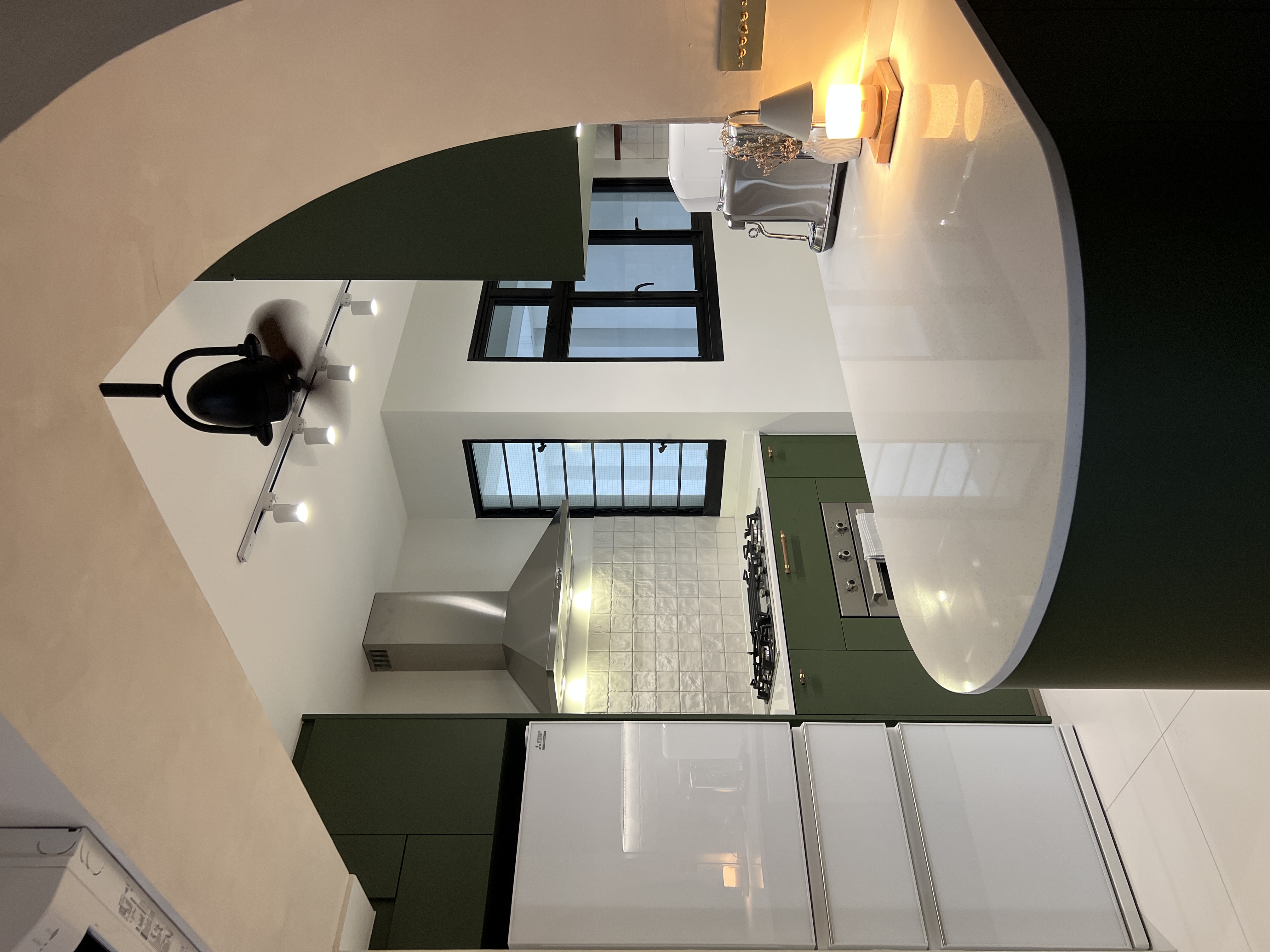 Cooking up a storm with an open-concept kitchen  - Modern kitchen with sleek design, minimalist decor, large windows, green