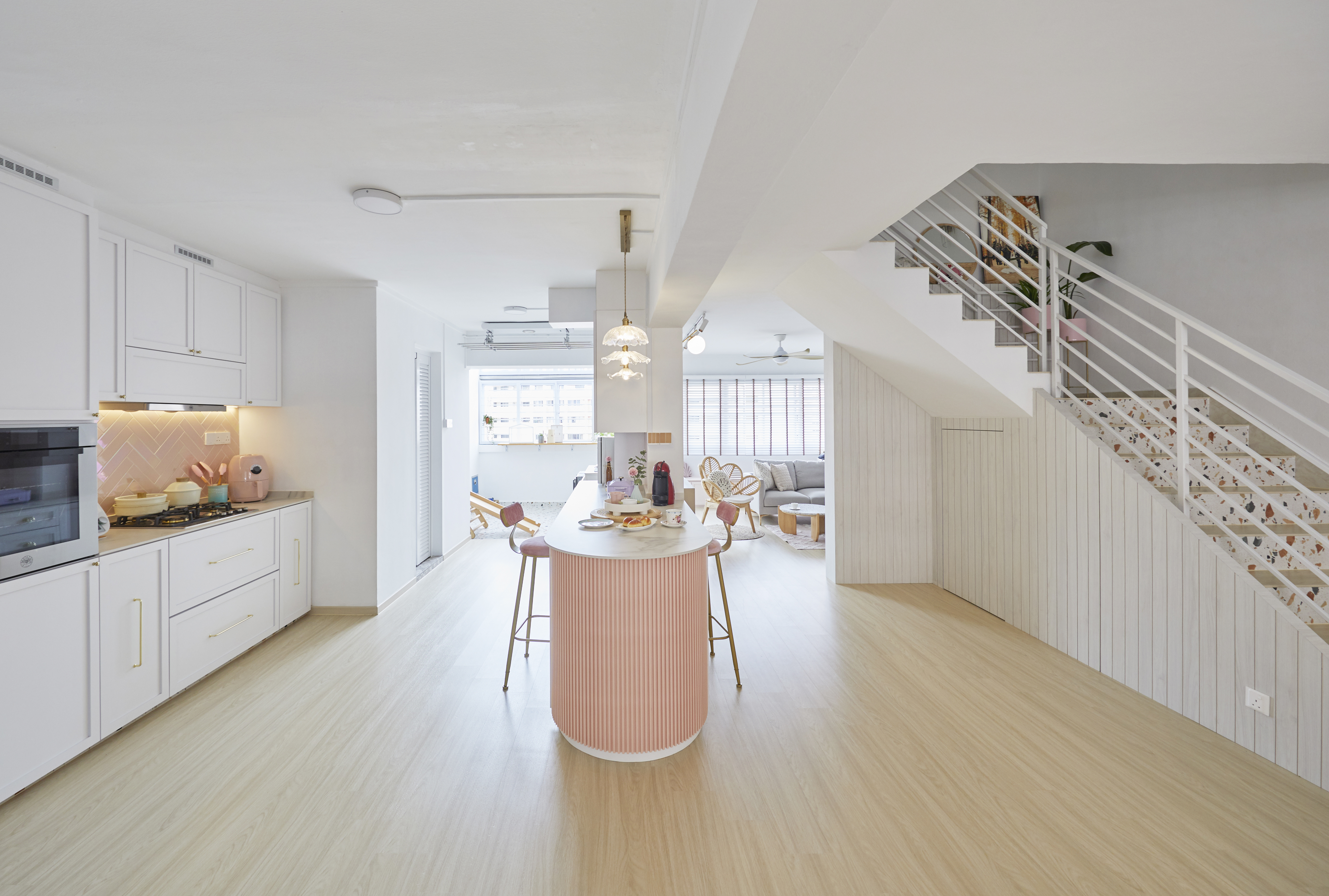 A beautiful restful sanctuary - my dream home! - Modern kitchen with white cabinetry, light wooden floor, central island with