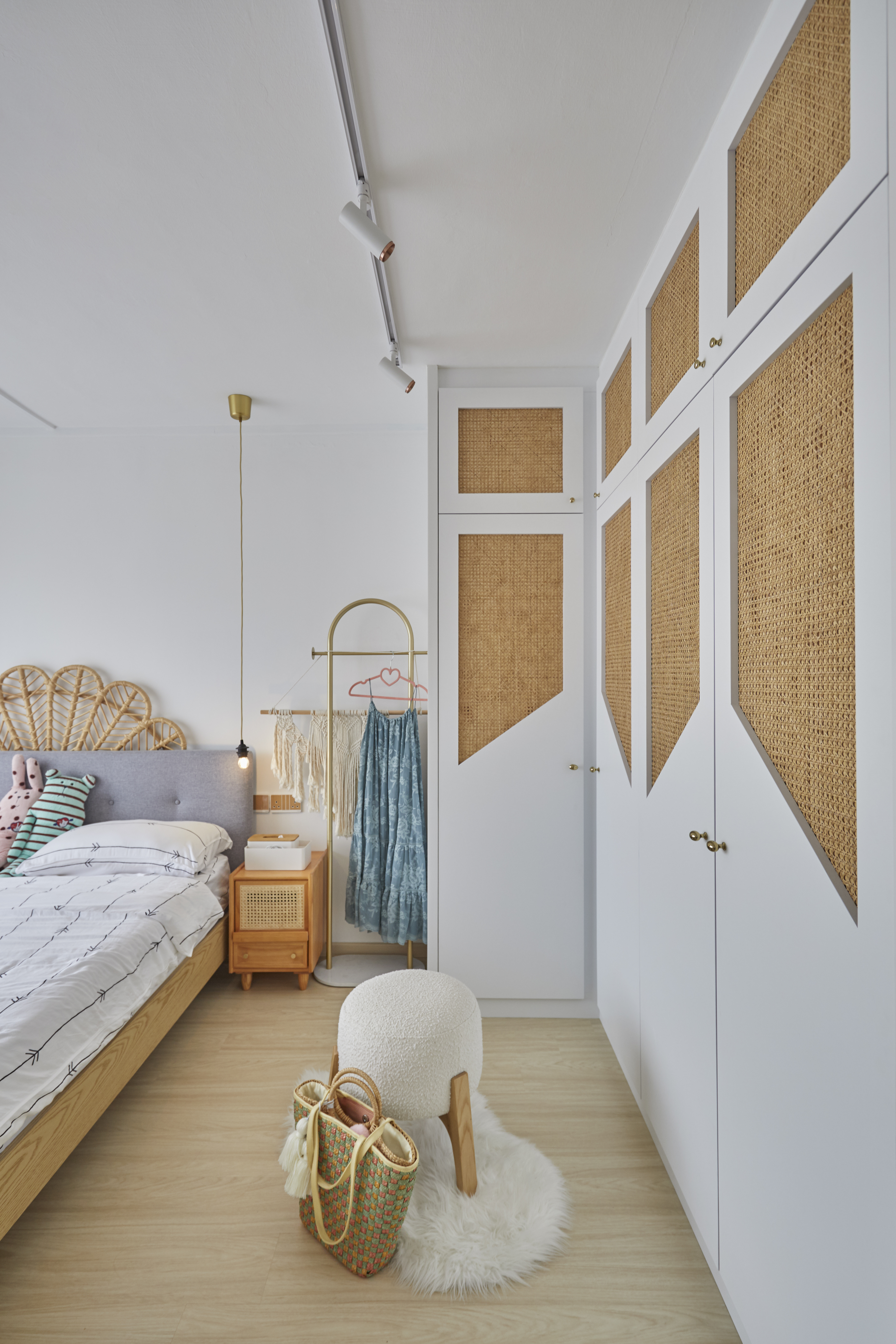 A beautiful restful sanctuary - my dream home! - Modern bedroom with woven headboard, white walls, wooden floor, cozy bed