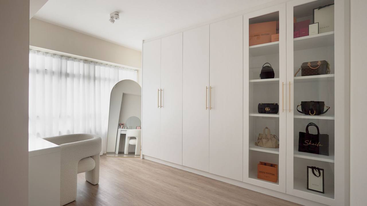 Warm & Cosy Japandi Home For Less Than 45K In Punggol - White modern wardrobe with gold handles, minimalist interior design