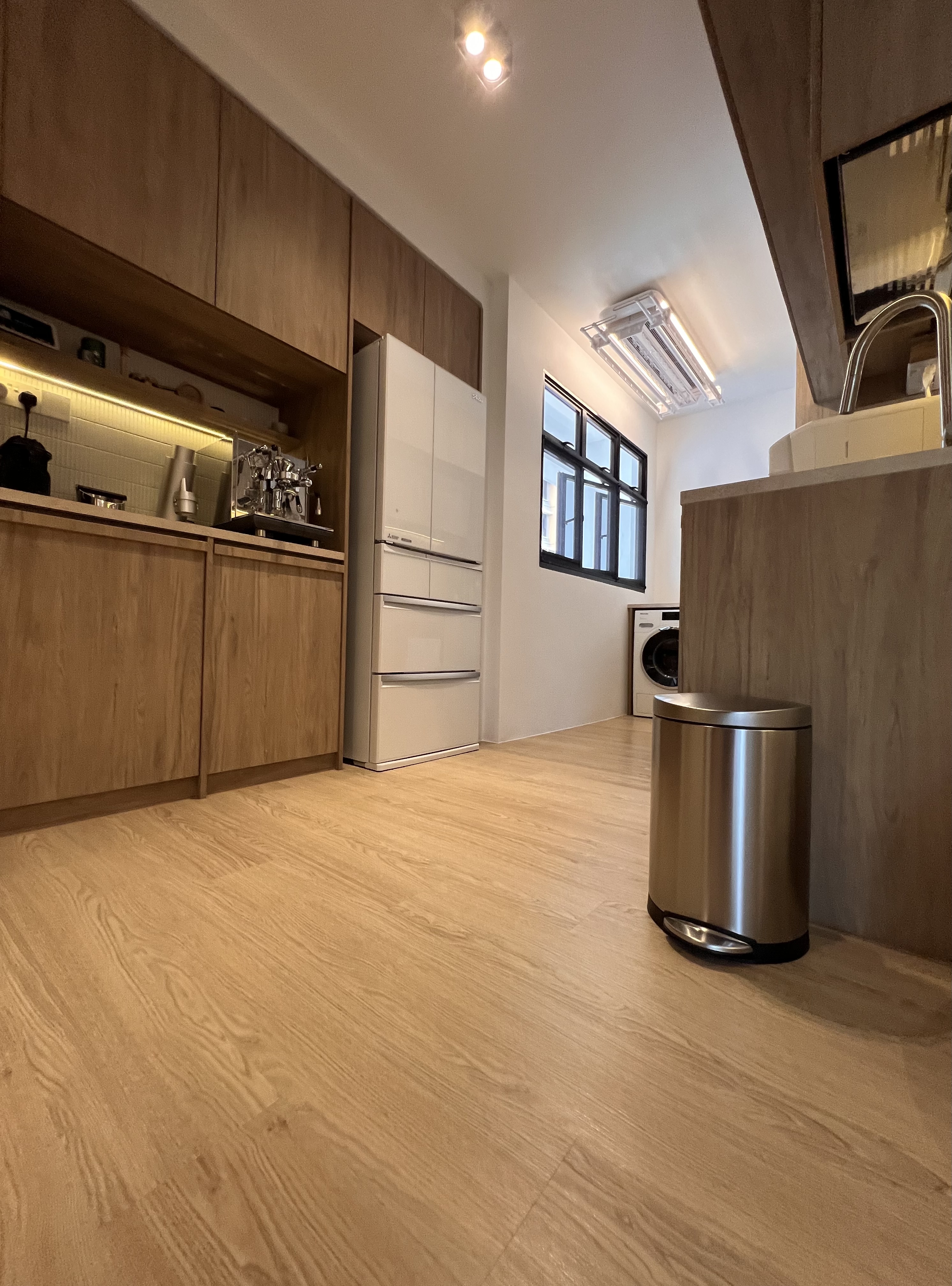 Our very own cosy cat cafe at home - Wooden kitchen cabinetry, modern appliances, stainless steel refrigerator, light wooden