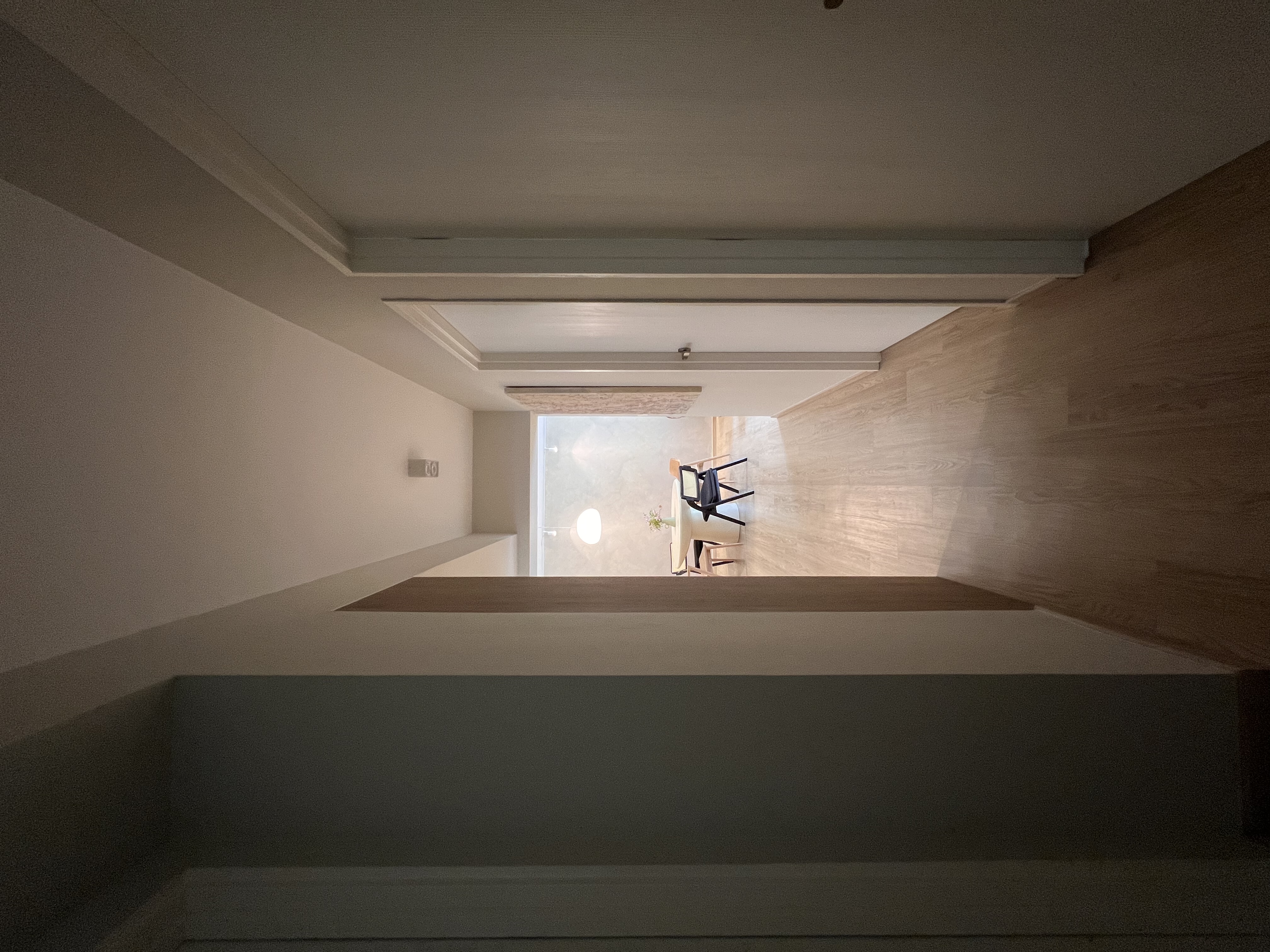 Our very own cosy cat cafe at home - Modern minimalist interior, sleek design, neutral color palette, open space, wooden