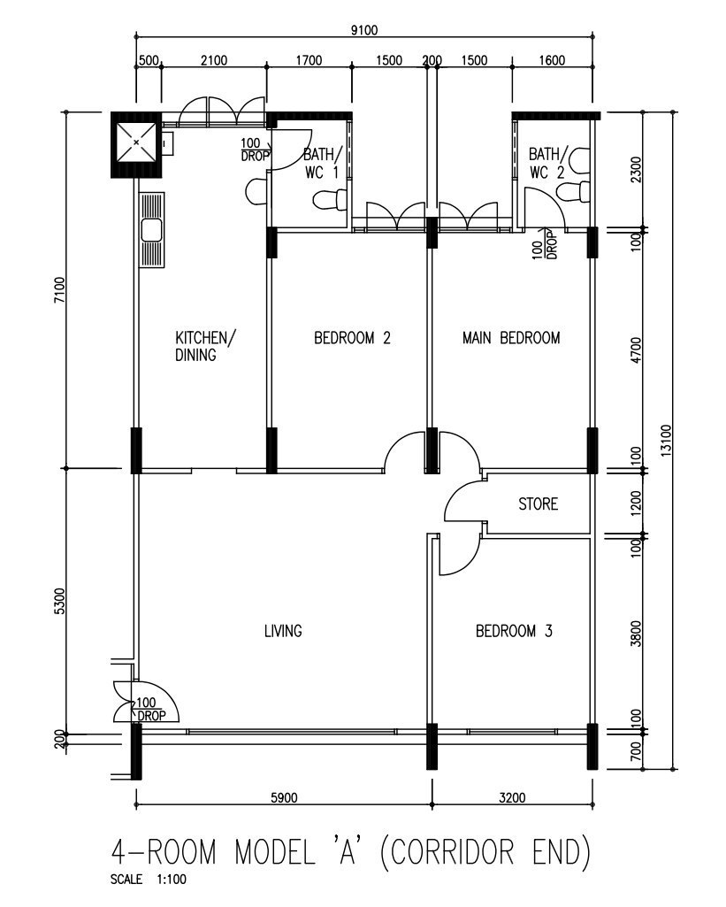 Bright, airy and lived-in. This is our home.  - 4-room model 'A' (corridor end), scale 1:100, kitchen/dining, bathroom WC 1