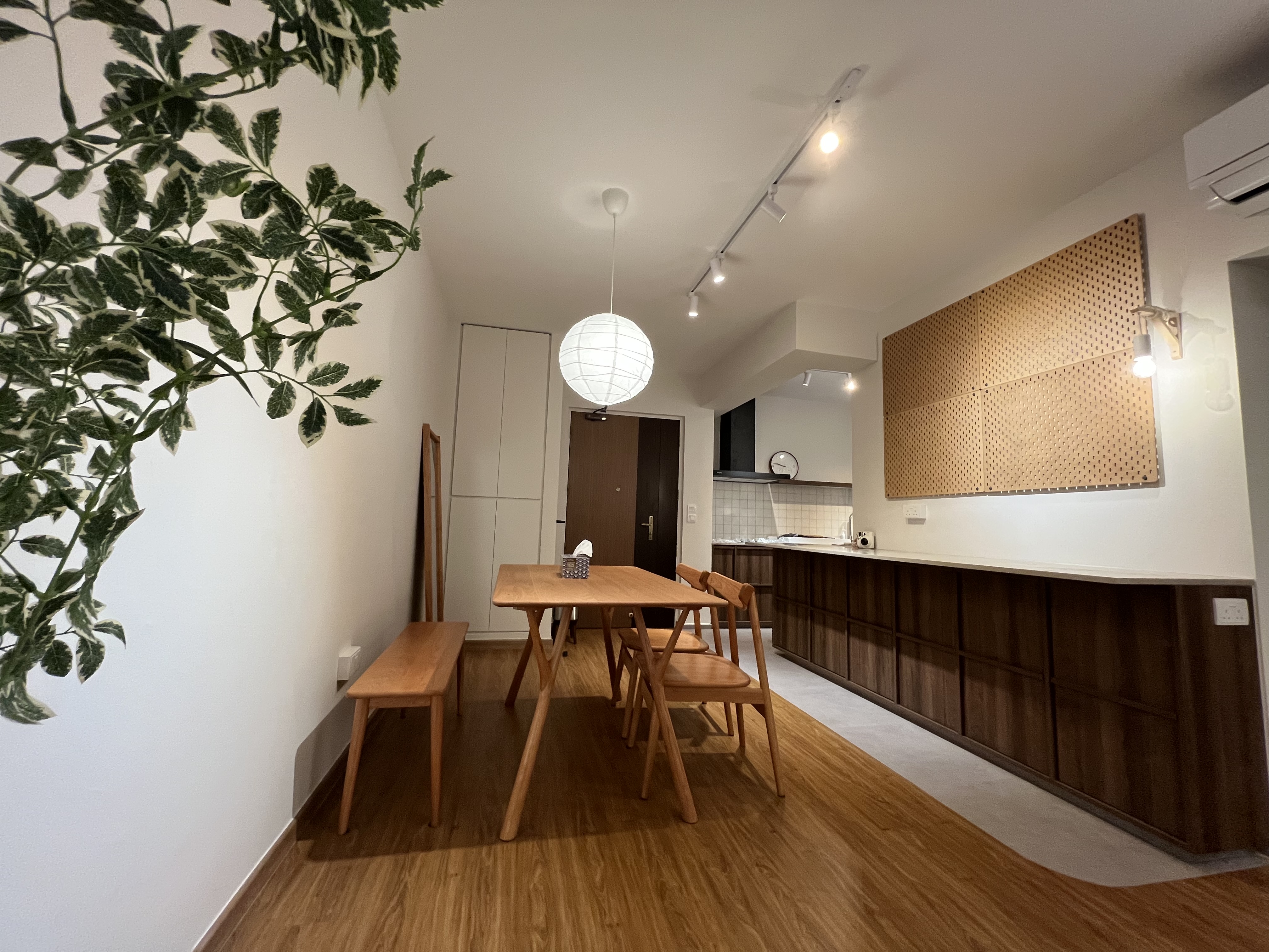 How we chose a theme for the home - Modern minimalist dining room, wooden dining table, natural green plant, pendant light