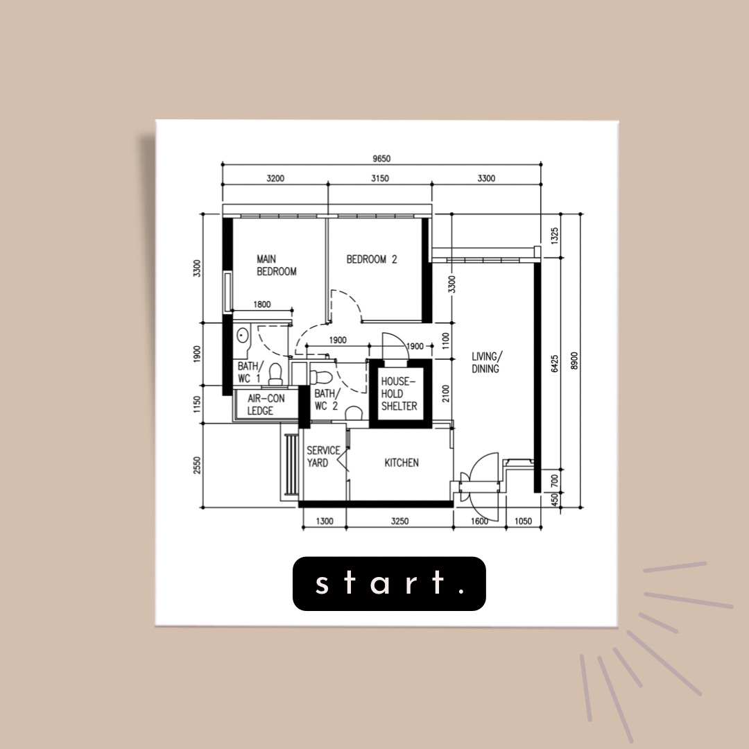 How we chose a theme for the home - Detailed floor plan of a house layout, Kitchen, living, and bedroom layout, Bathroom