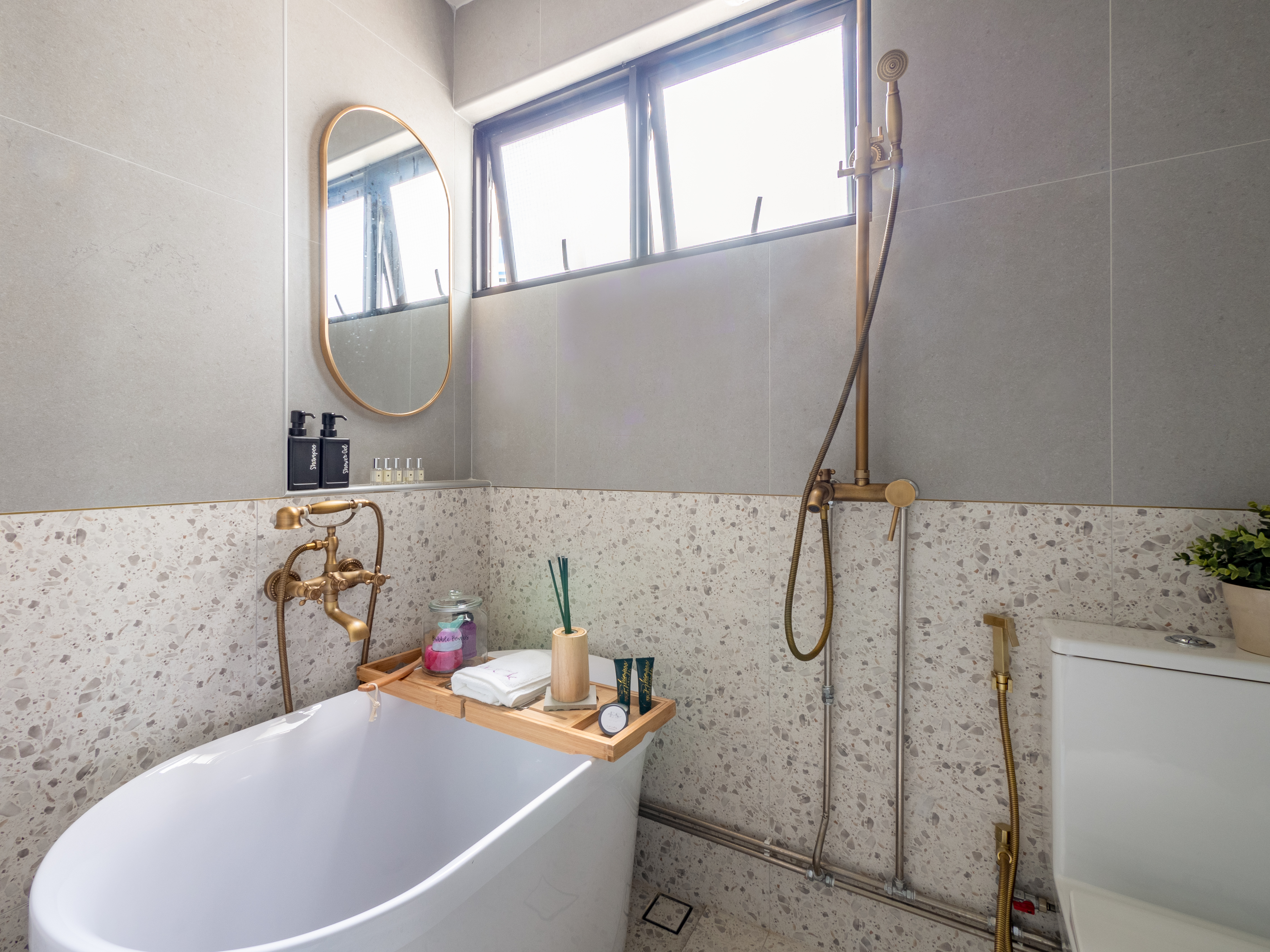 Built A Mid Century Modern Home With A Budget Of >100k - Garden bath, modern bathroom, white bathtub, gold fixtures, marble