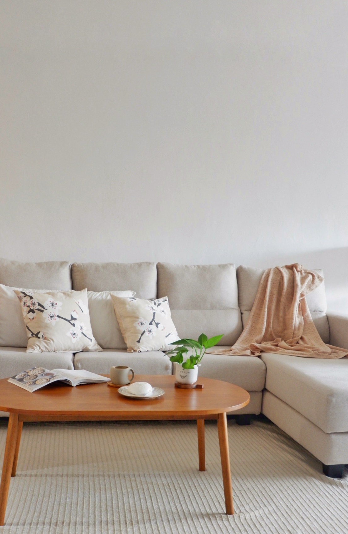 Quaint 4-Room Flat At Geylang East Renovated for <40K - Light gray sofa, minimalist decor, beige throw blanket, cozy reading