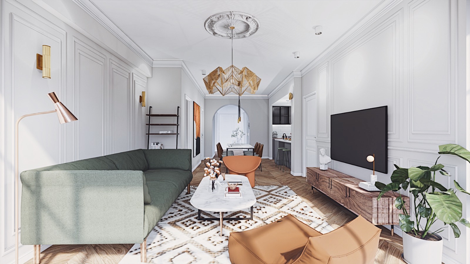 Renovating a 17y/o Resale Condo into Parisian Chic Haven - modern living room, contemporary design, stylish furniture, green