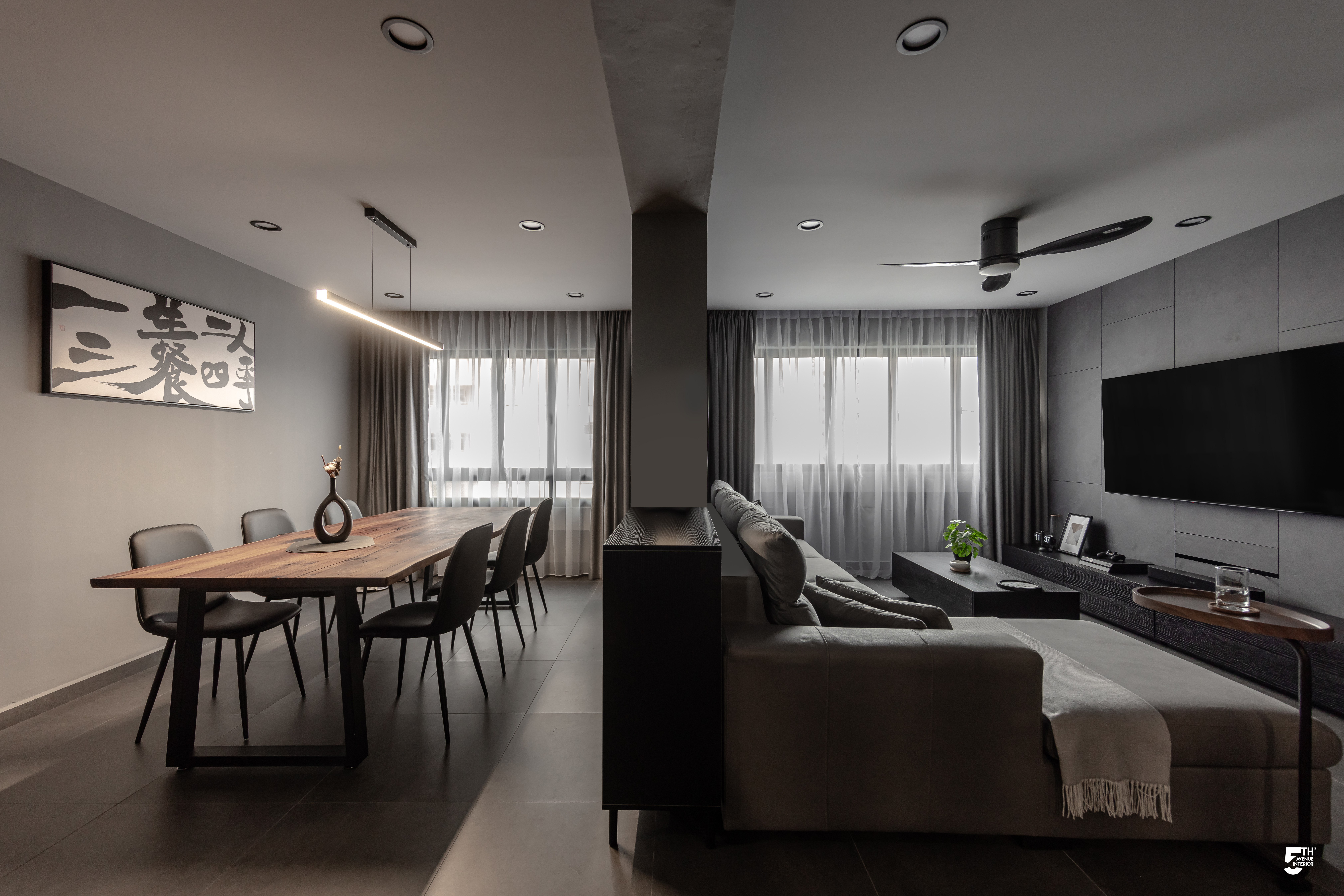 A Cosy Dark Modern Contemporary Home - Modern minimalist dining room, sleek furniture, contemporary design, large window