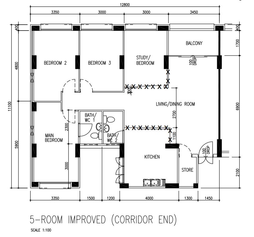 A Cosy Dark Modern Contemporary Home - 5-room improved corridor end layout, 1000 square feet floor plan, 2 bedroom, 2