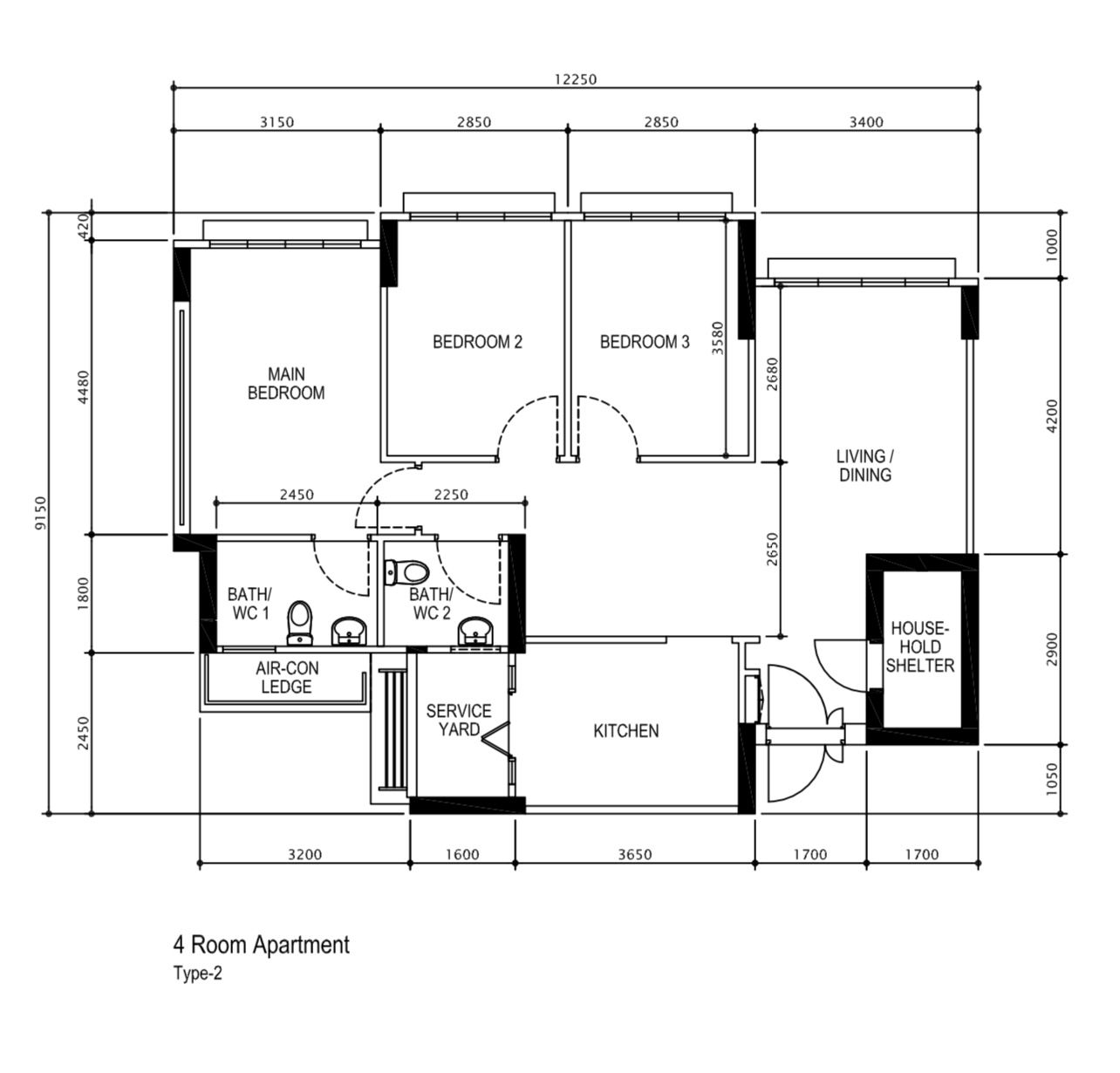 Housewarming:Inside A Scandi-Bohemian Inspired Sanctuary At Macpherson - 4 Room Apartment Type-2 floor plan, 12250 x 12250