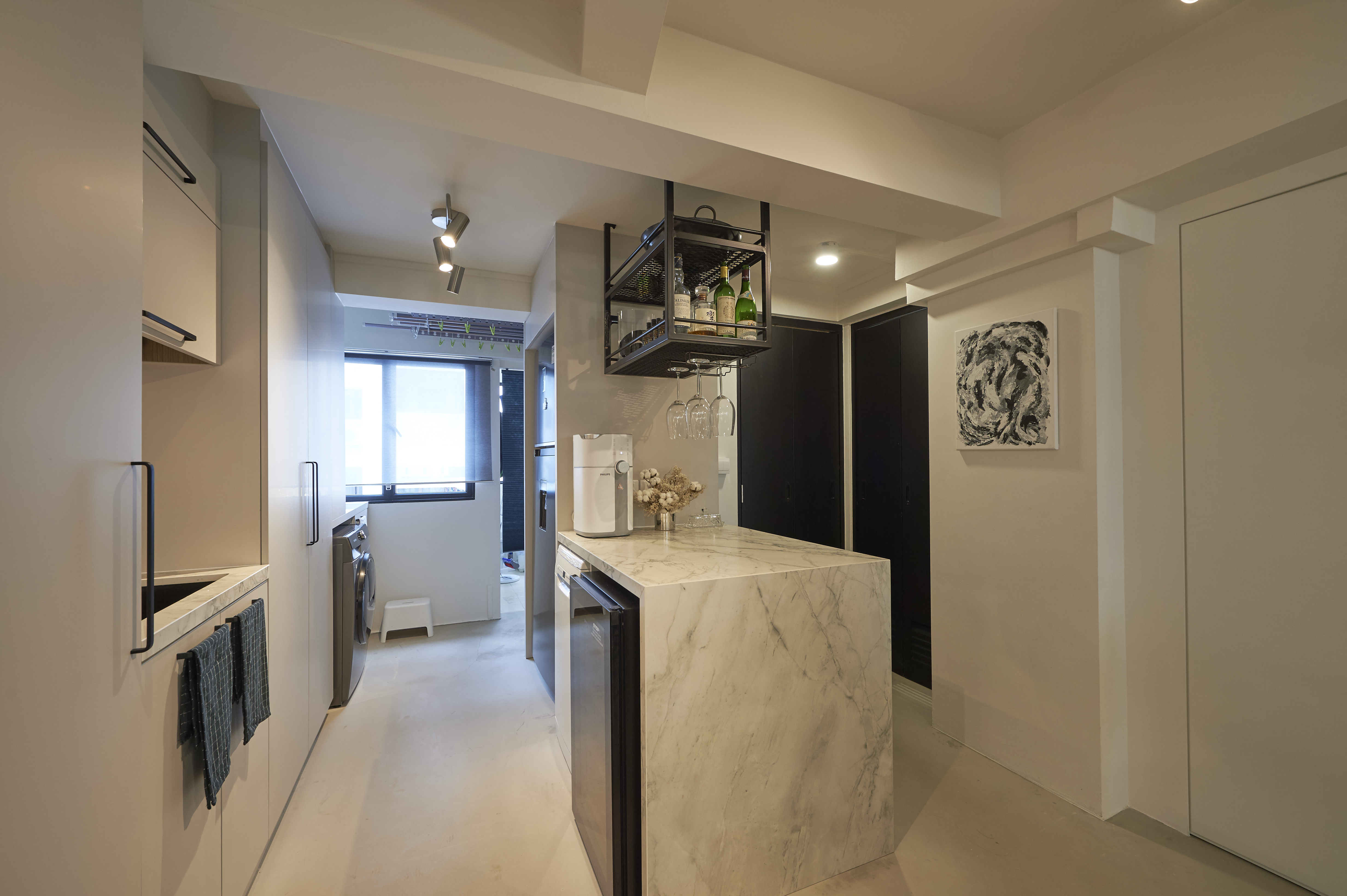 Monochromatic Everton Park home meant for hosting! - Modern kitchen with sleek design, minimalist decor, marble countertops