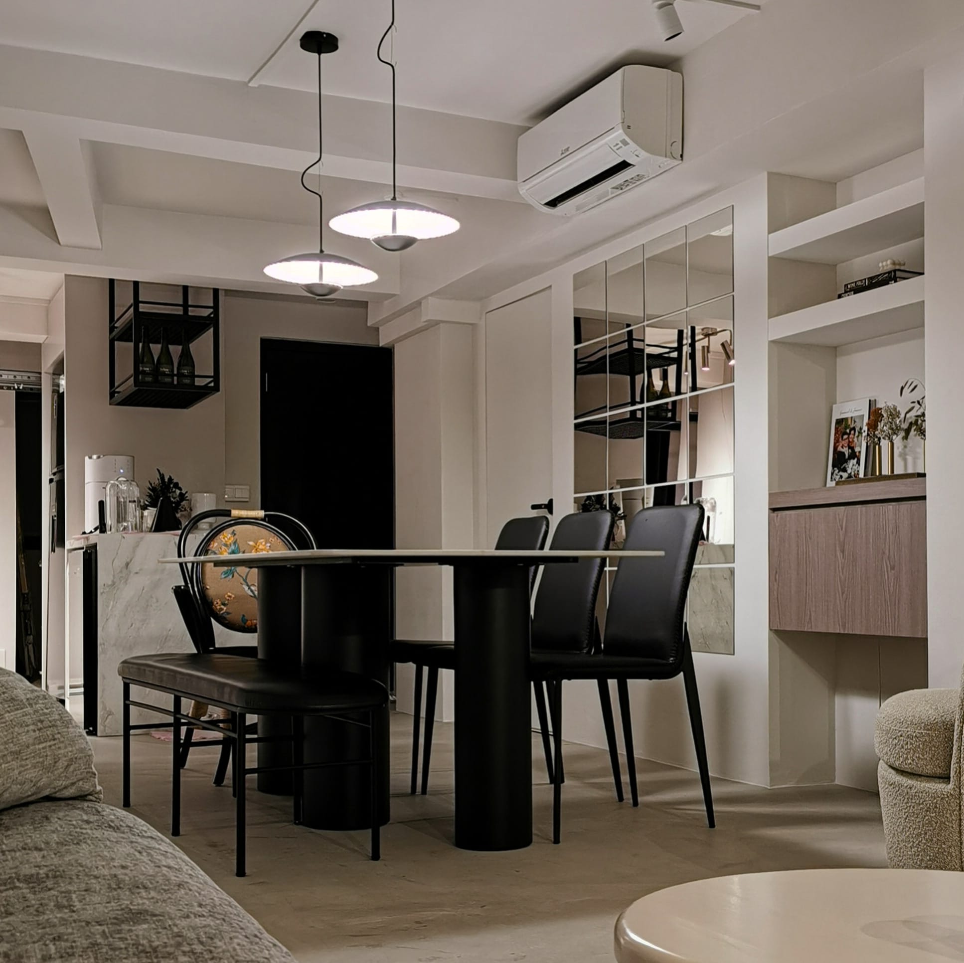 Dining room features & hidden doggy door - Modern dining room with sleek black furniture, minimalist design, contemporary