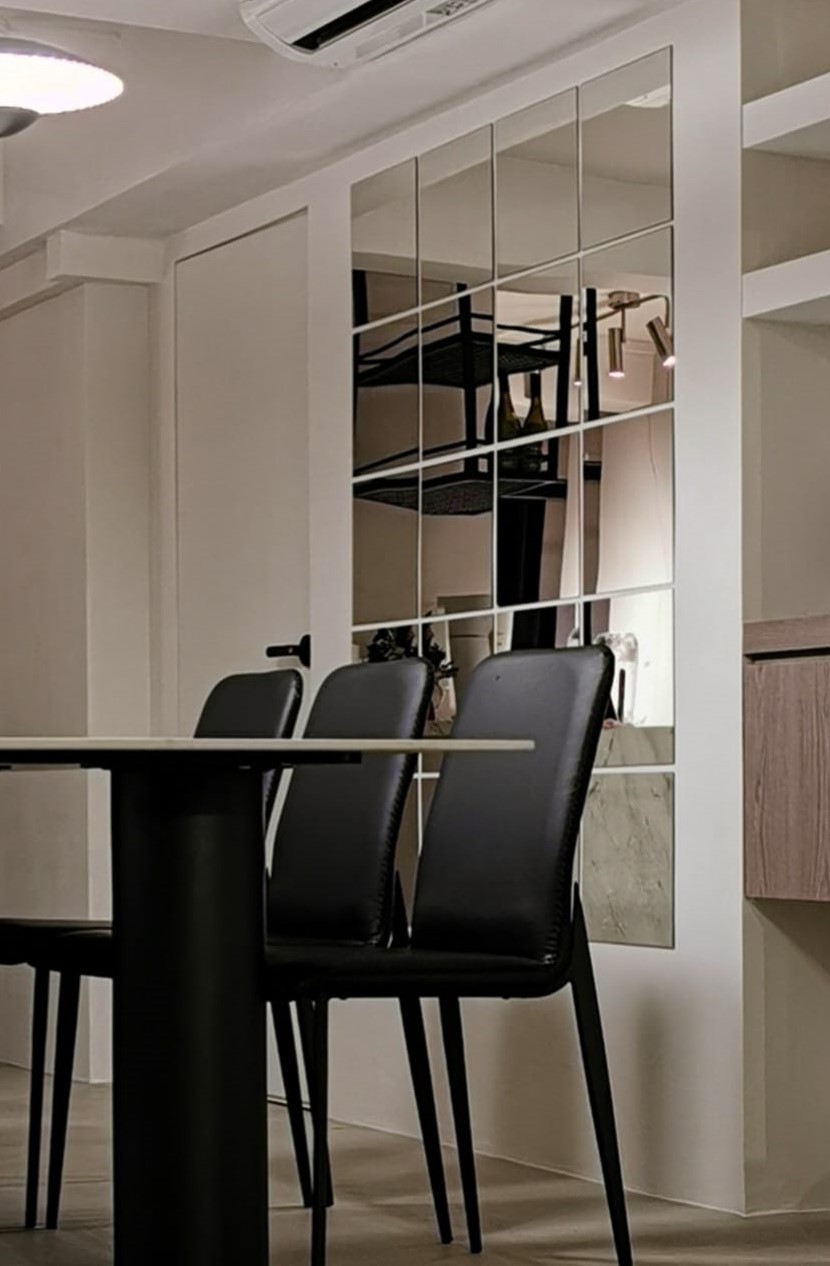 Dining room features & hidden doggy door - Modern minimalist dining room, sleek black chairs, mirrored wall, open shelving